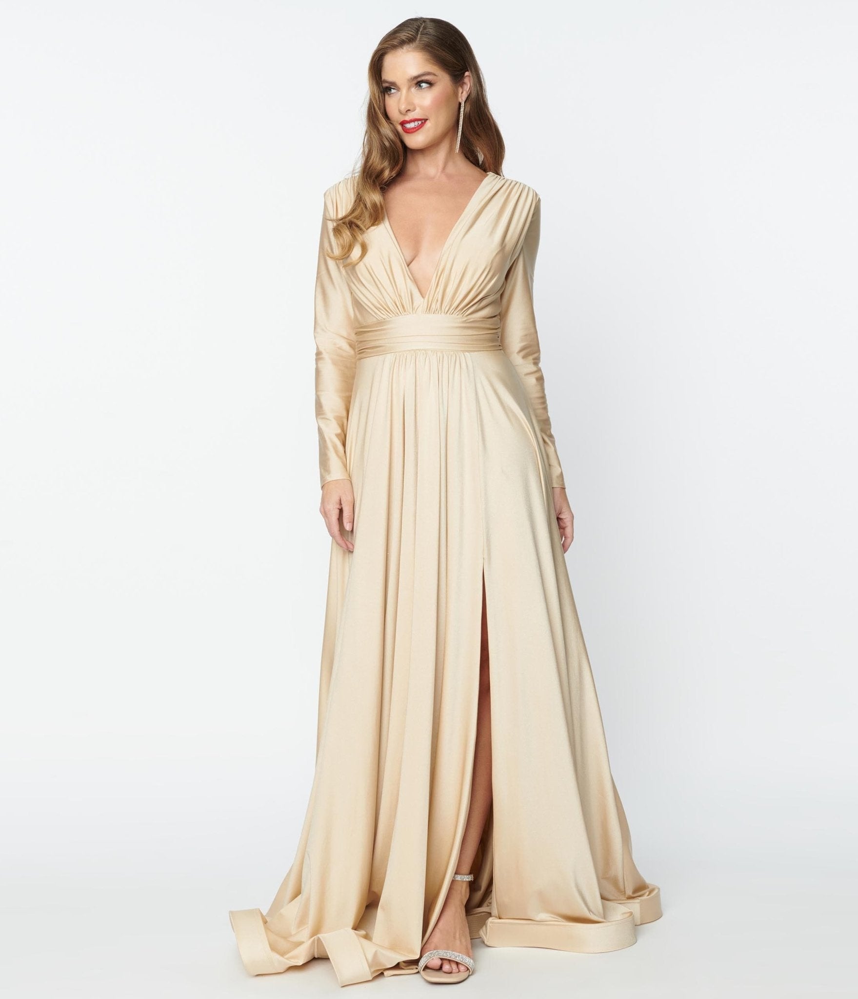  Champagne Long Sleeve Sophisticated Goddess Gown