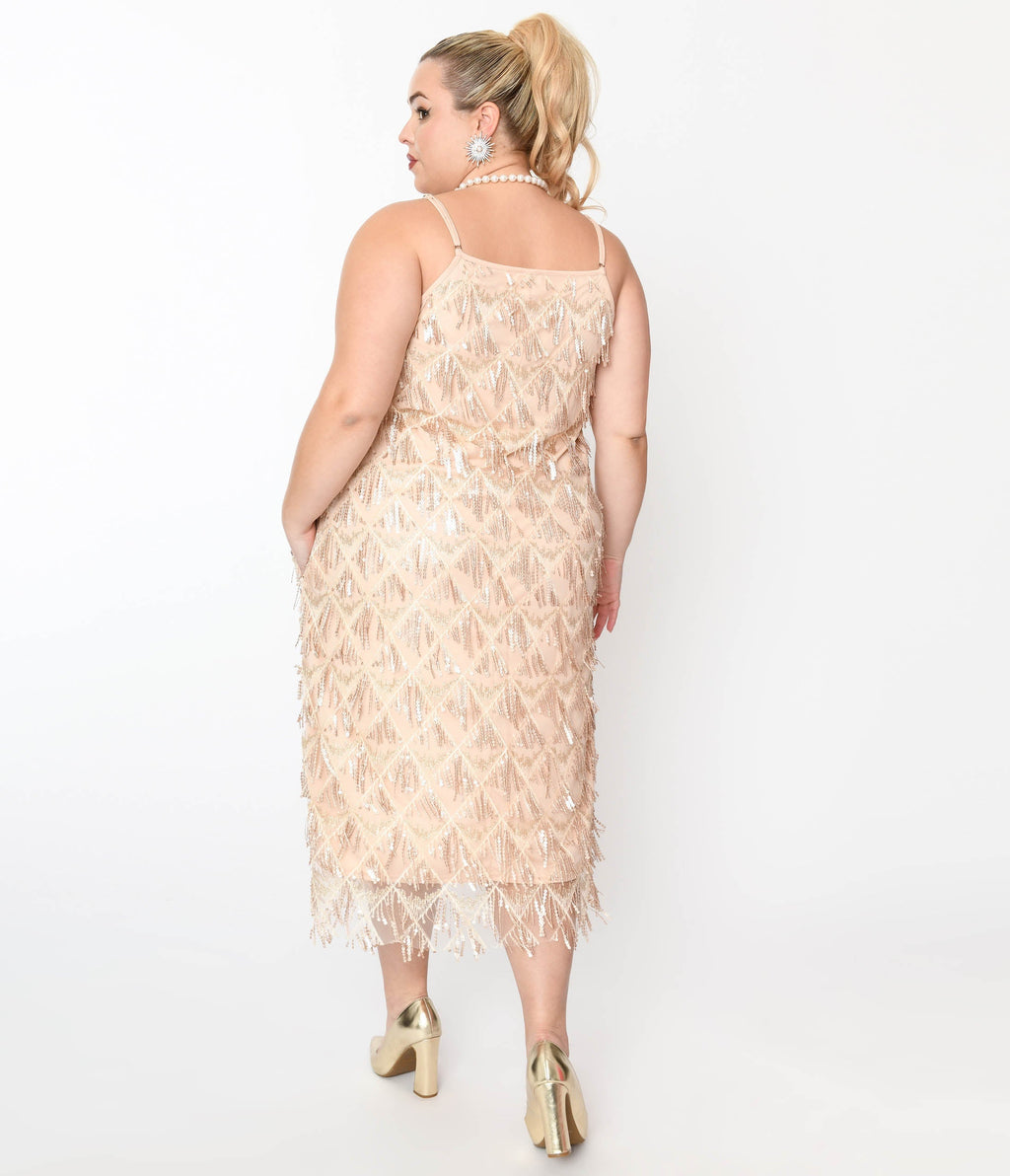  Champagne Sequin Fringe Midi Dress