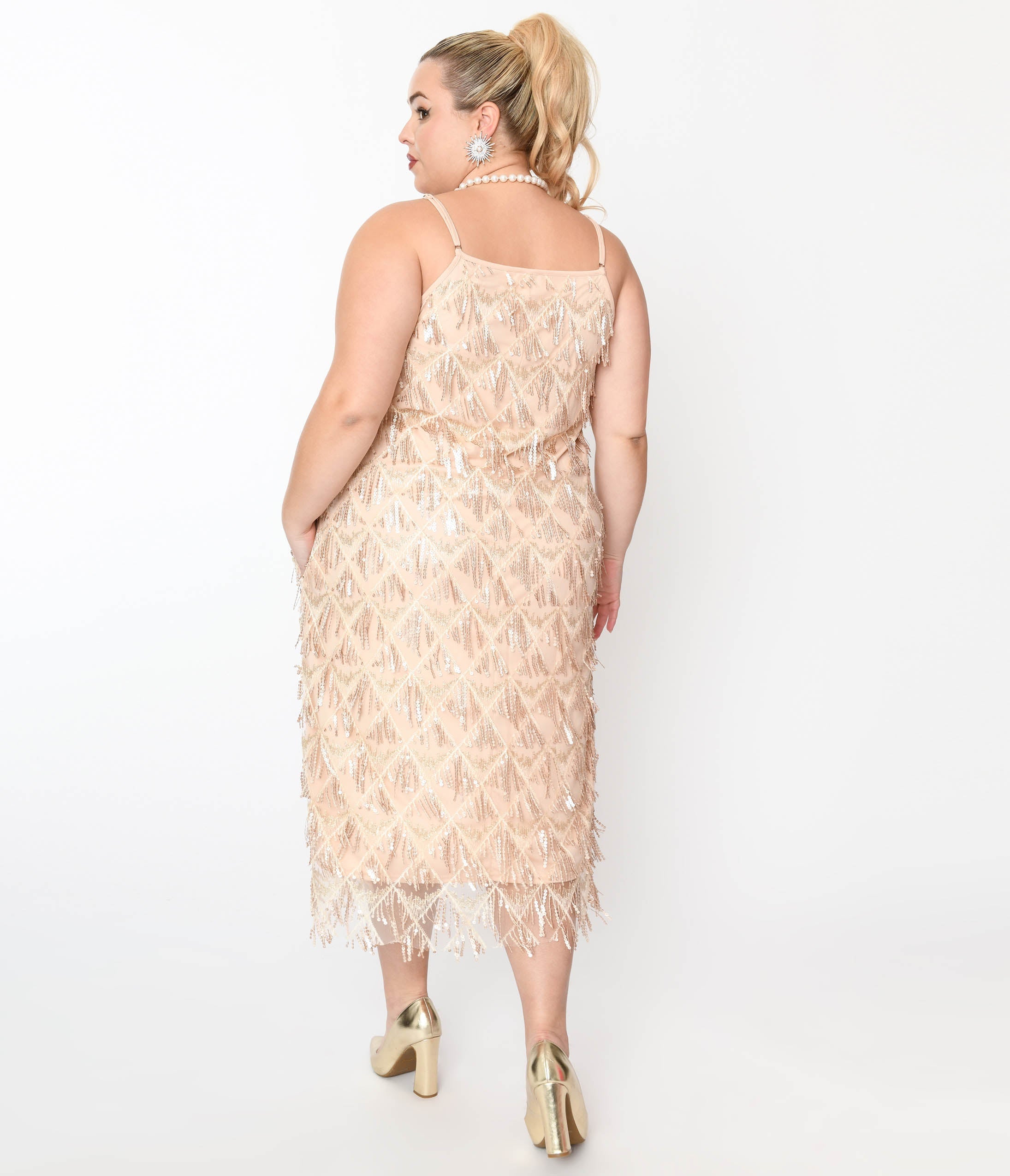  Champagne Sequin Fringe Midi Dress