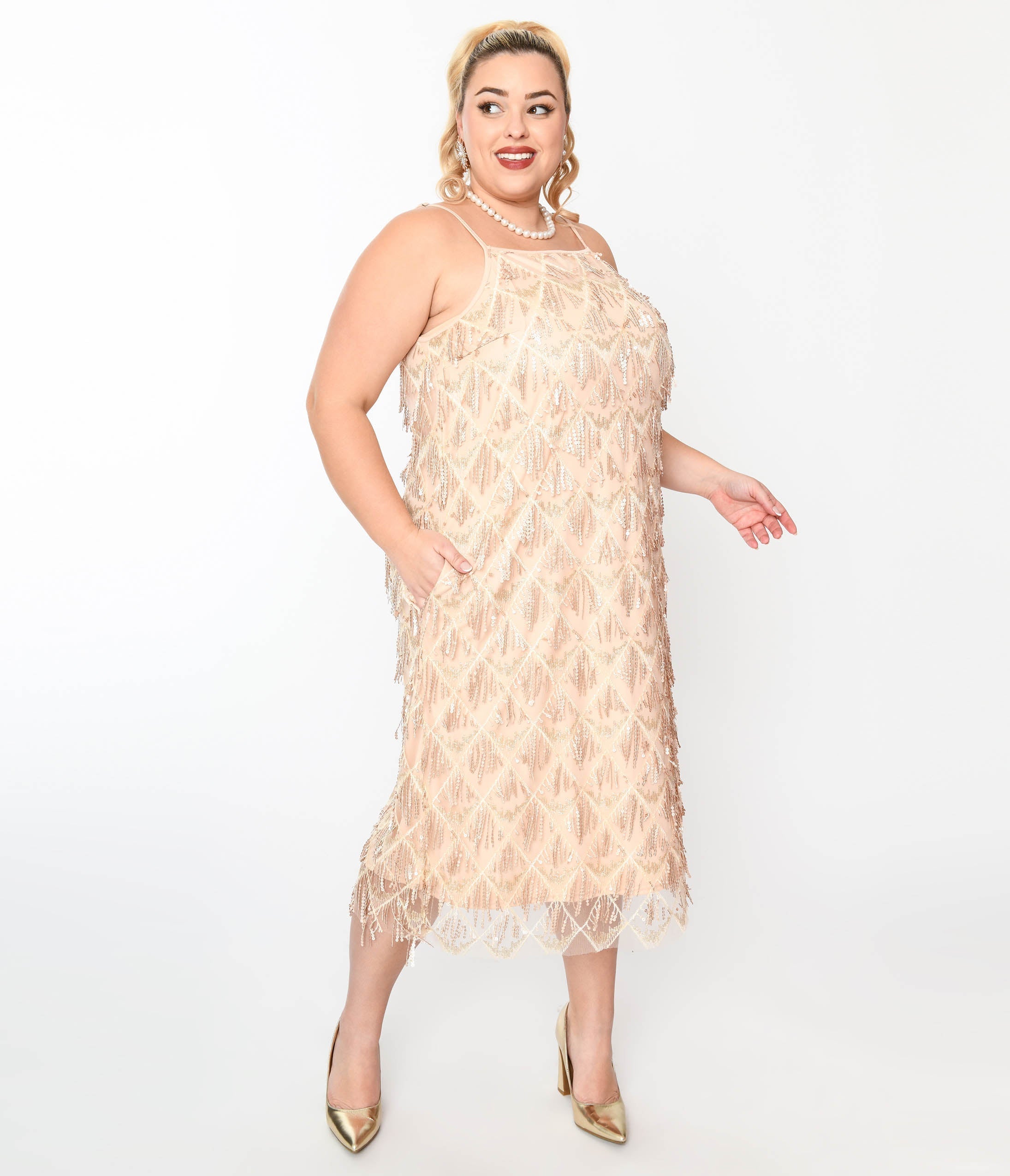  Champagne Sequin Fringe Midi Dress