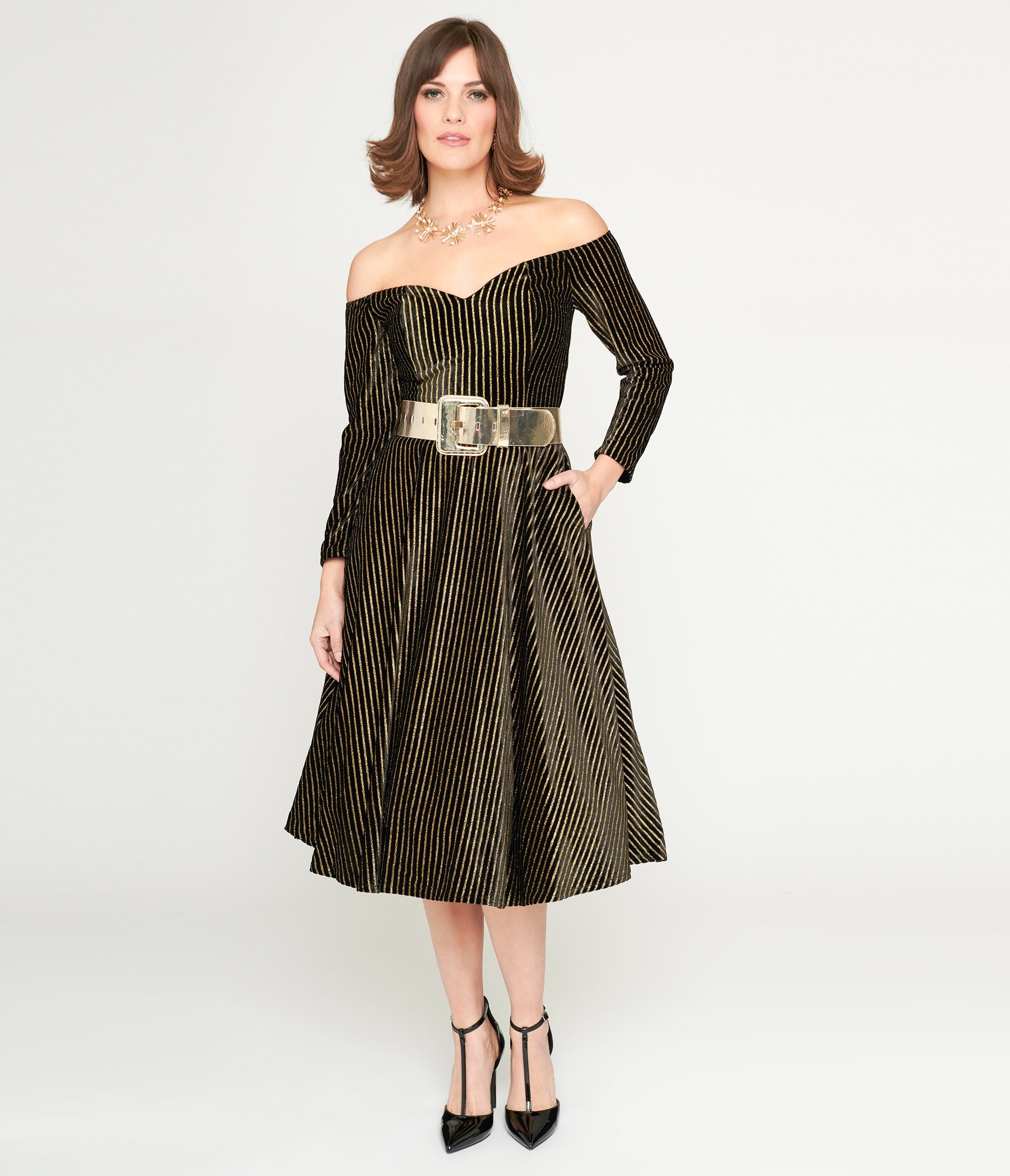  Collectif Black & Gold Glitter Striped Anjelica Swing Dress