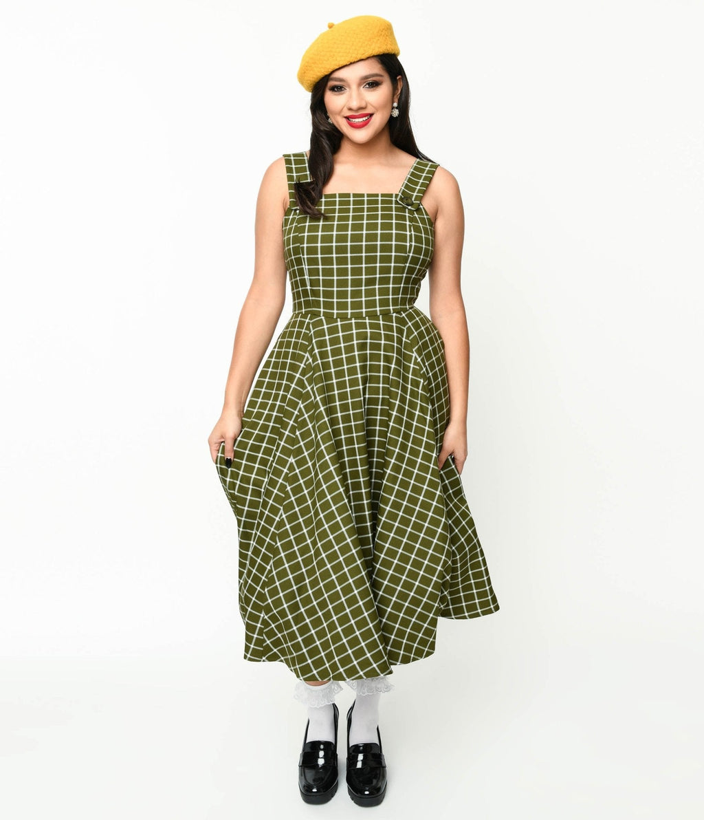  Collectif Green & White Checked Eloise Acres Swing Dress