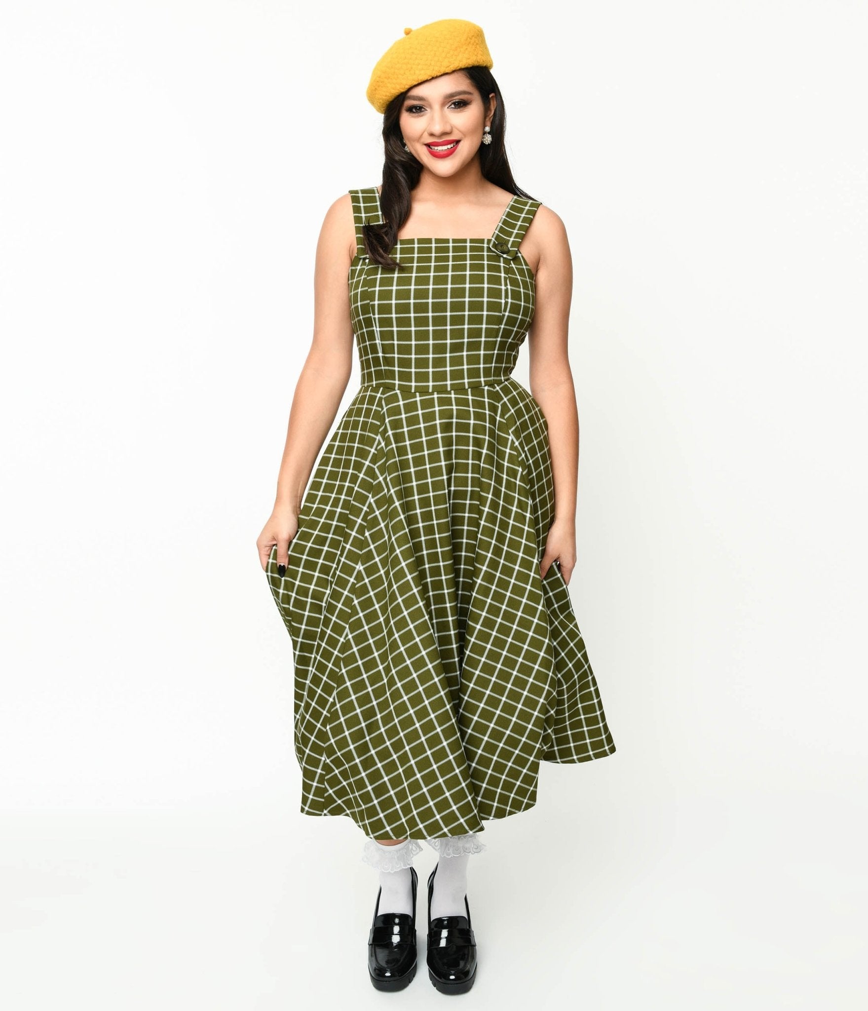  Collectif Green & White Checked Eloise Acres Swing Dress