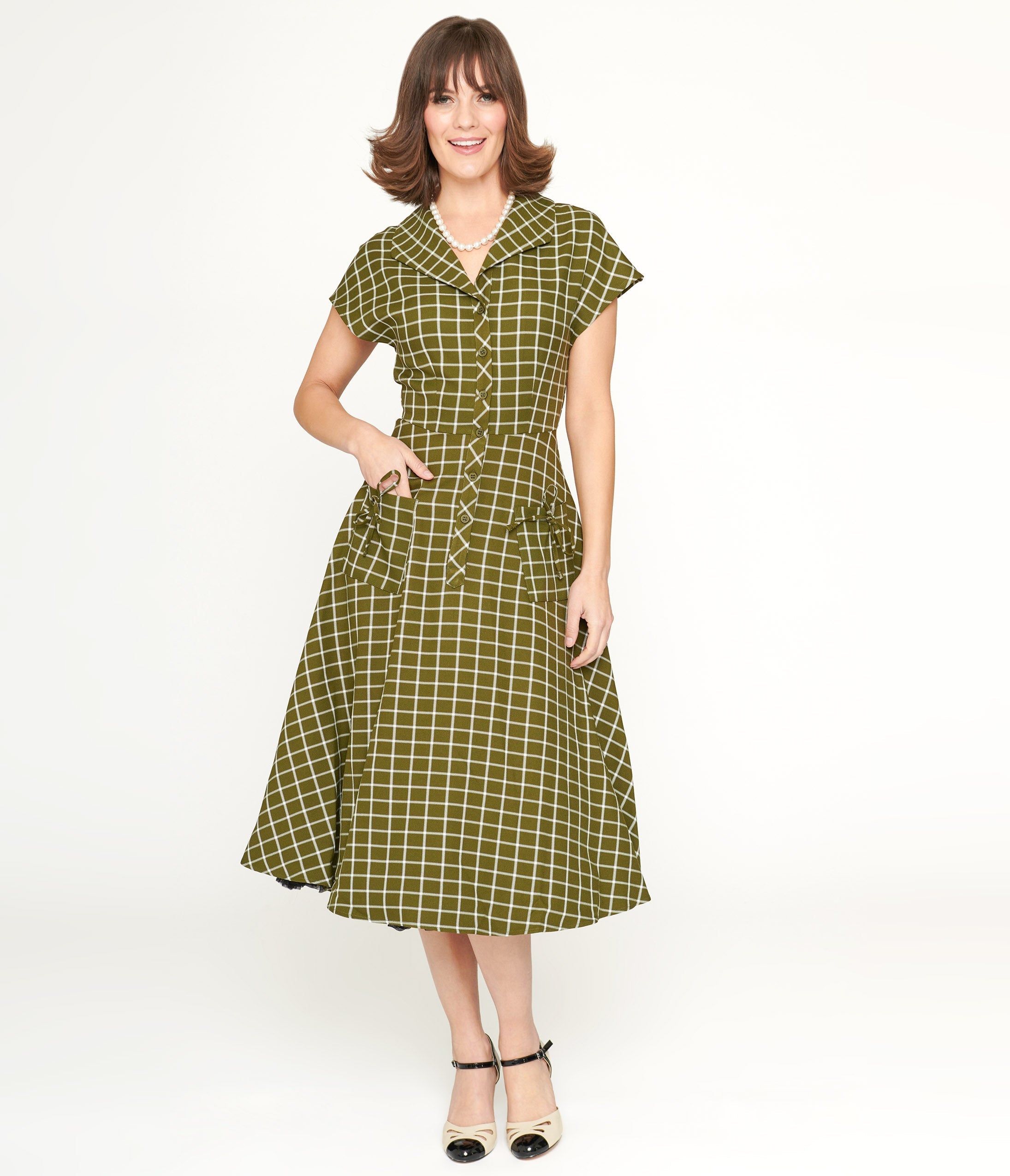  Collectif Green & White Checked Liza Acres Swing Dress