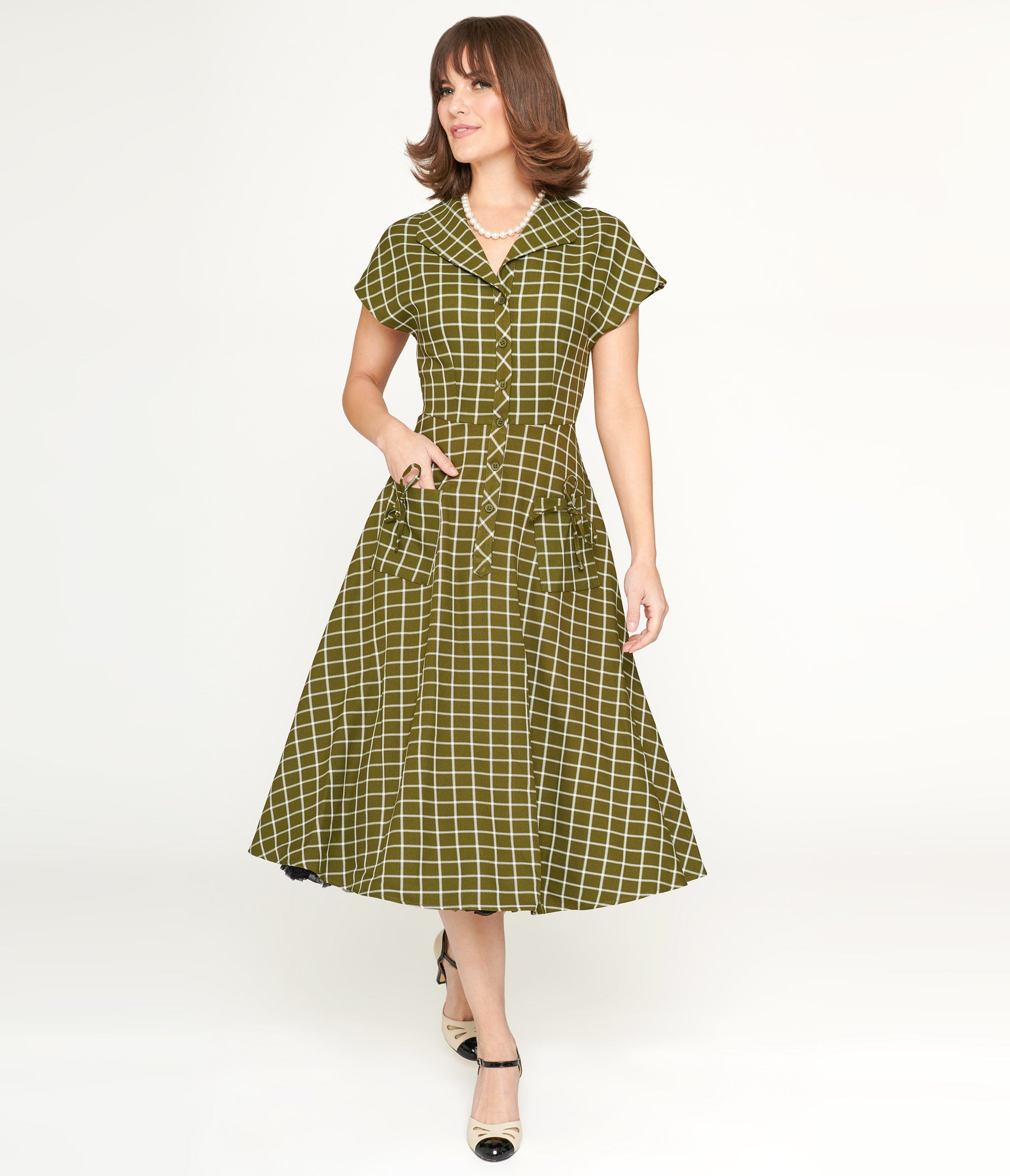  Collectif Green & White Checked Liza Acres Swing Dress