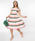  Collectif Pink & Green Stripe Swing Dress