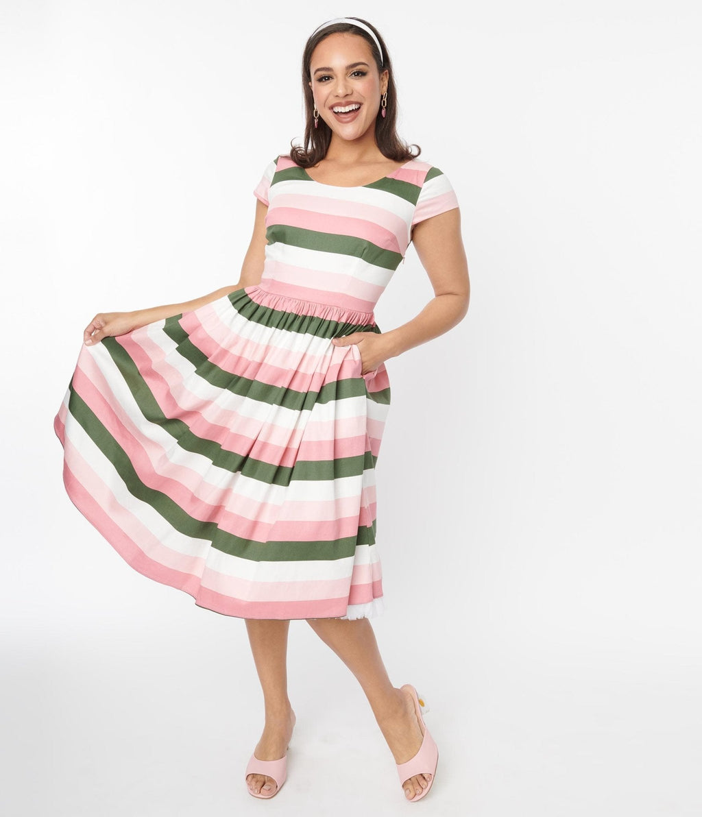  Collectif Pink & Green Stripe Swing Dress