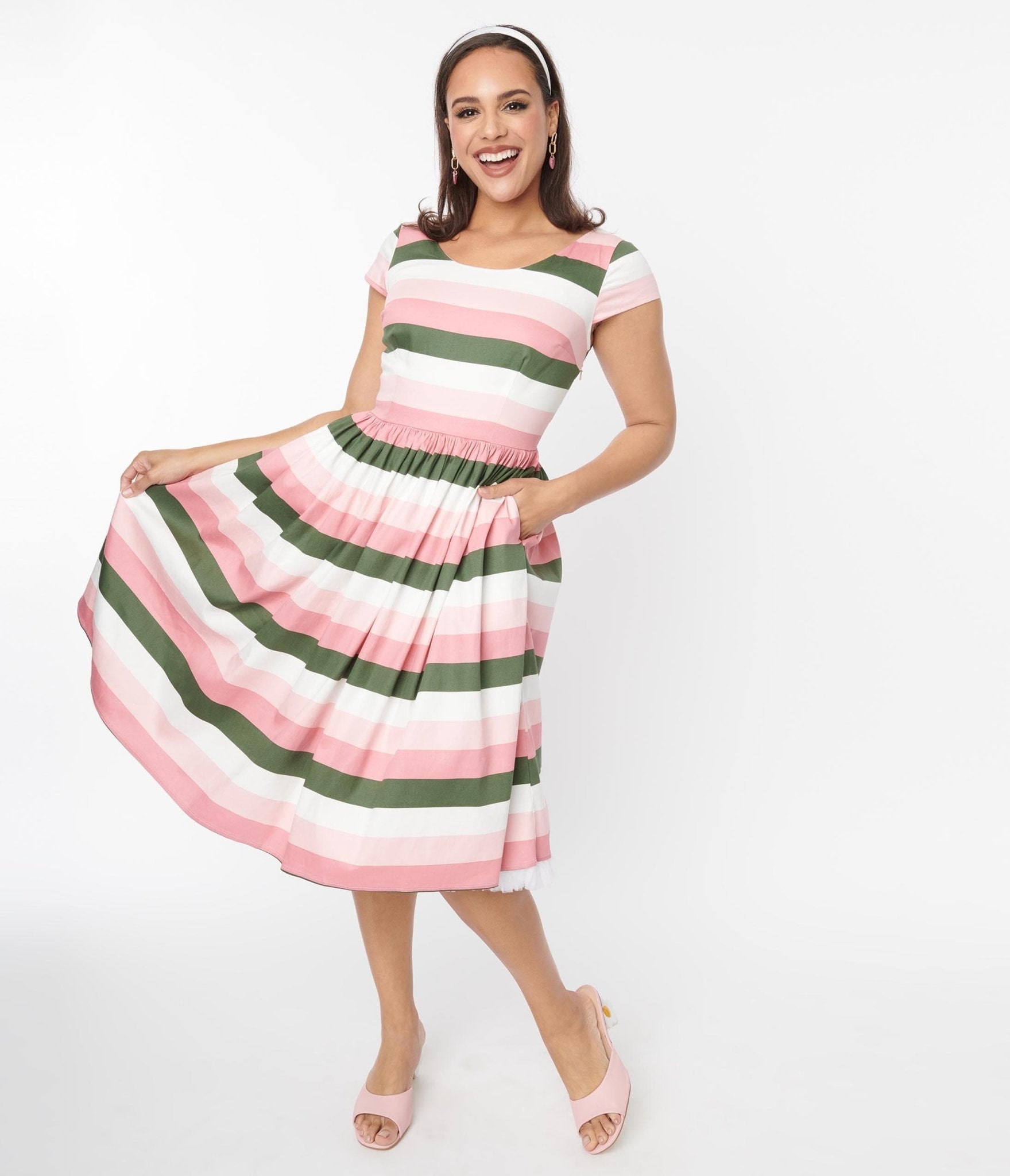  Collectif Pink & Green Stripe Swing Dress