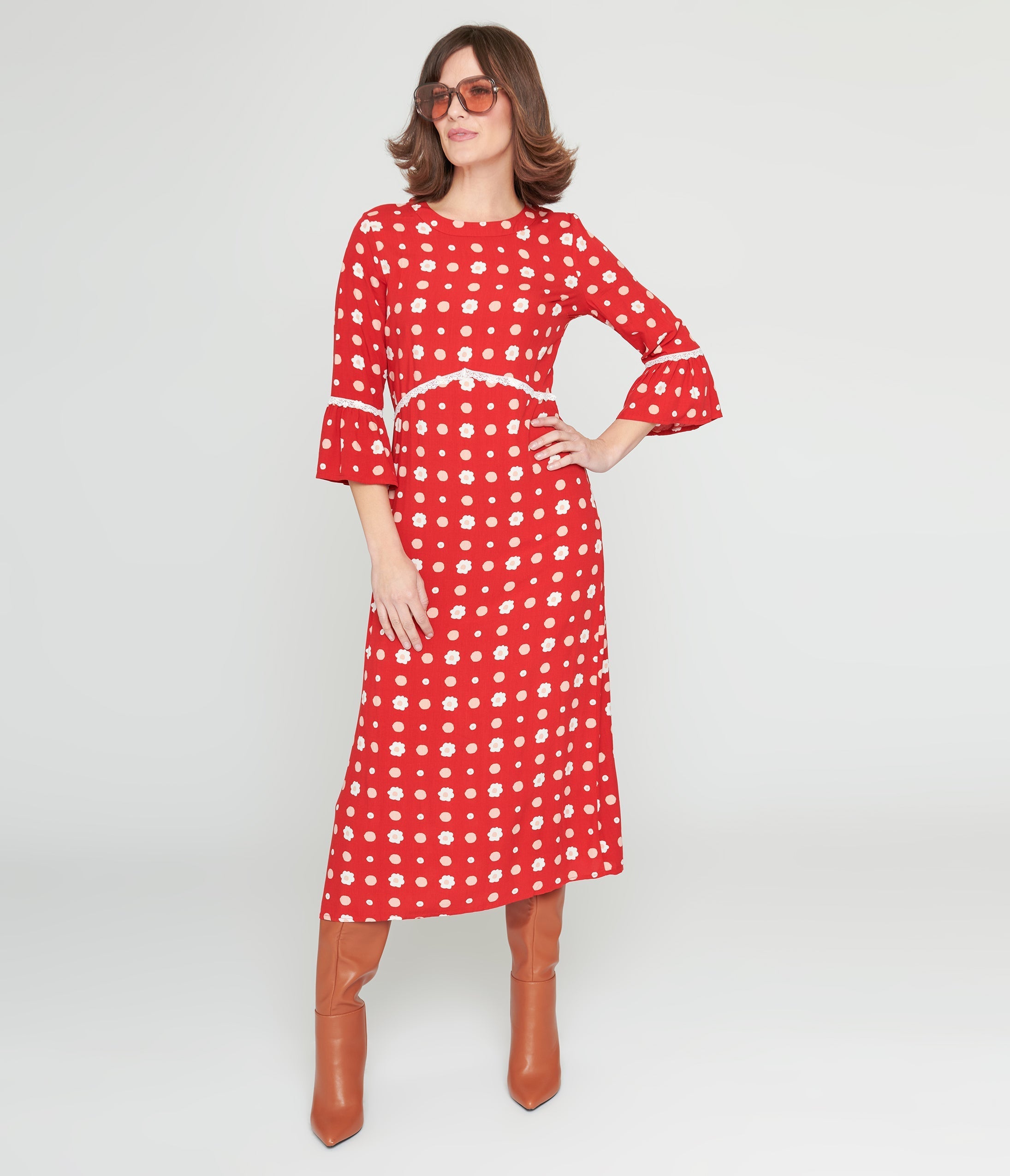  Collectif Red & White Poppy Print Midi Dress