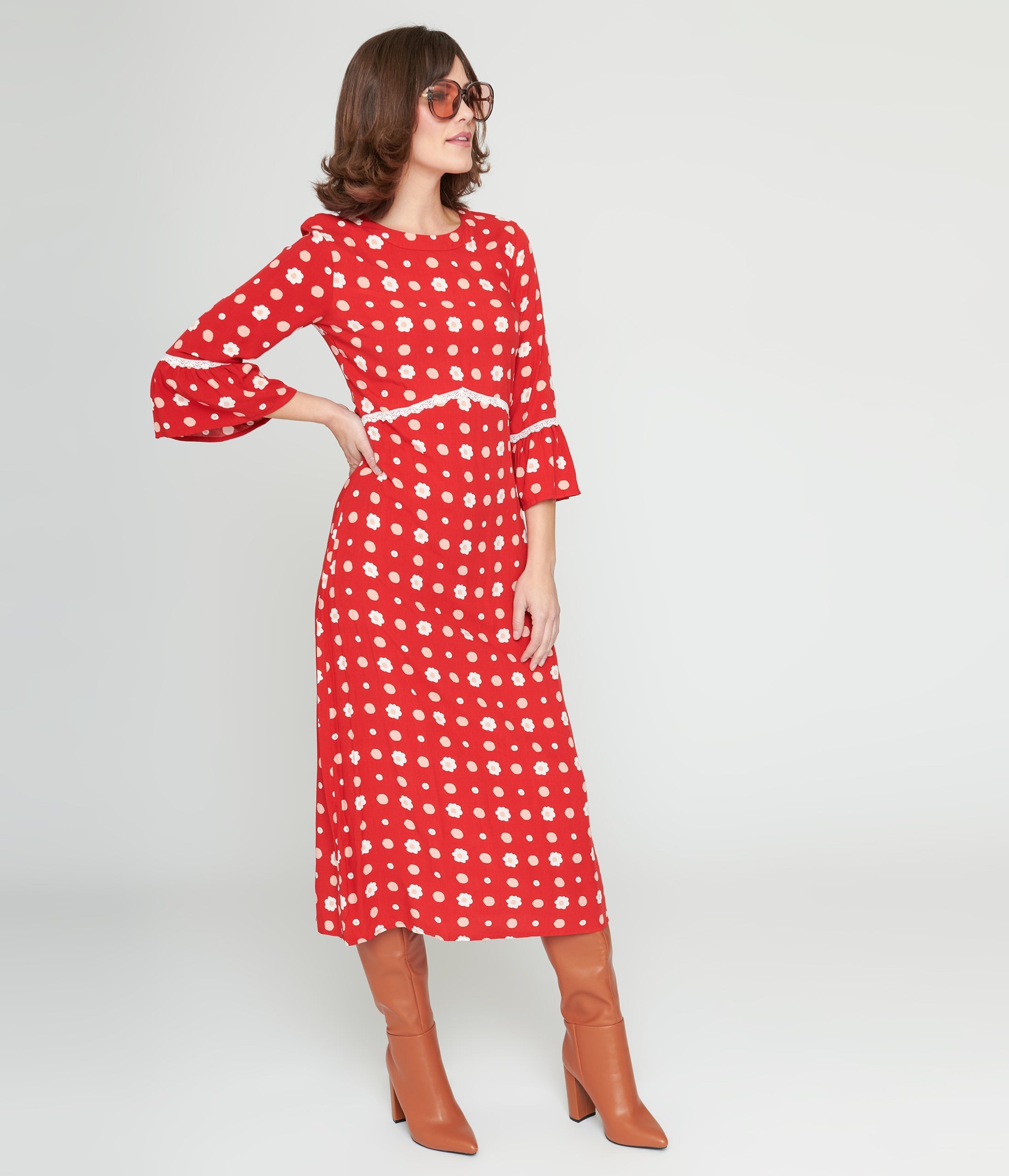  Collectif Red & White Poppy Print Midi Dress