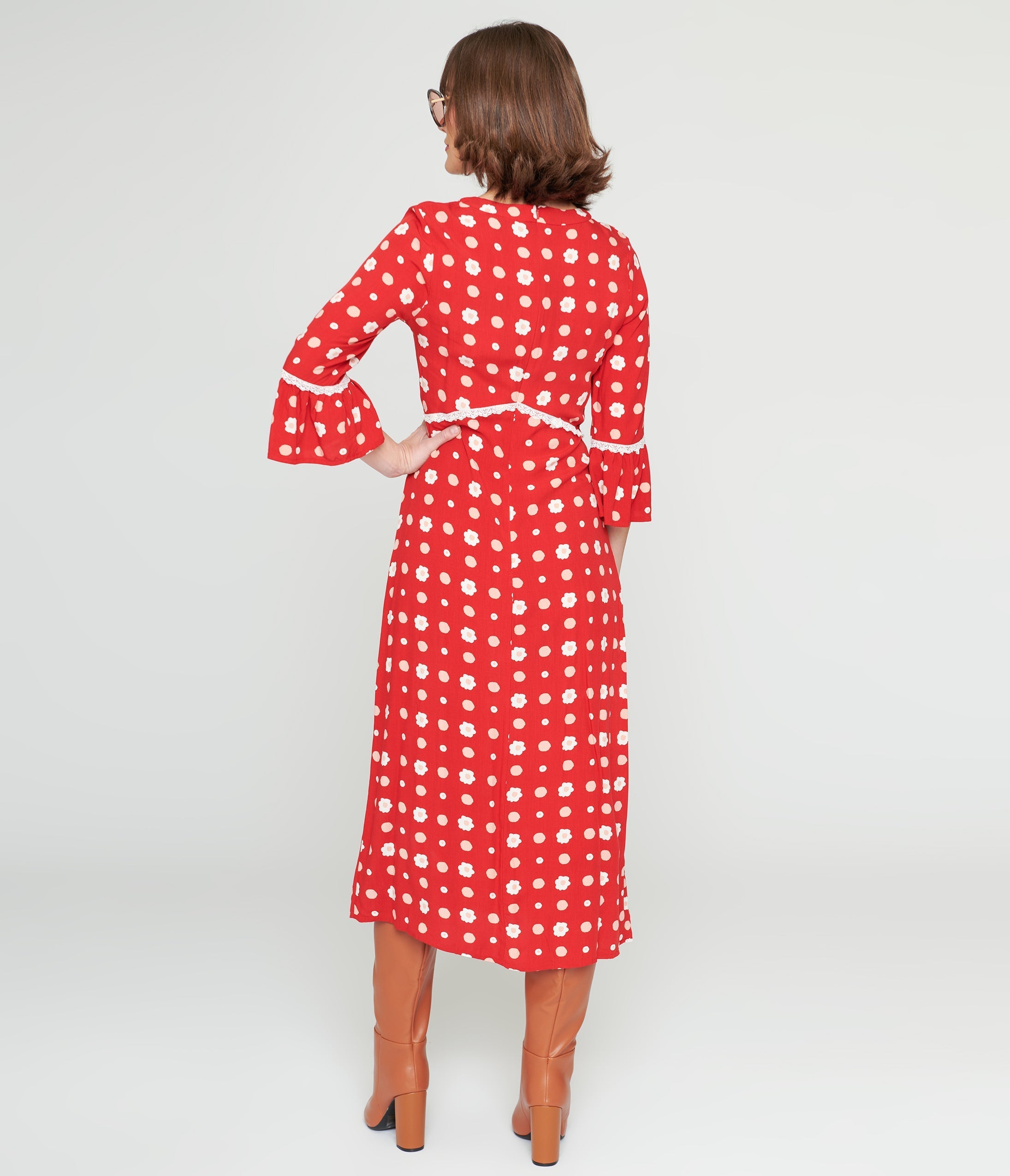  Collectif Red & White Poppy Print Midi Dress
