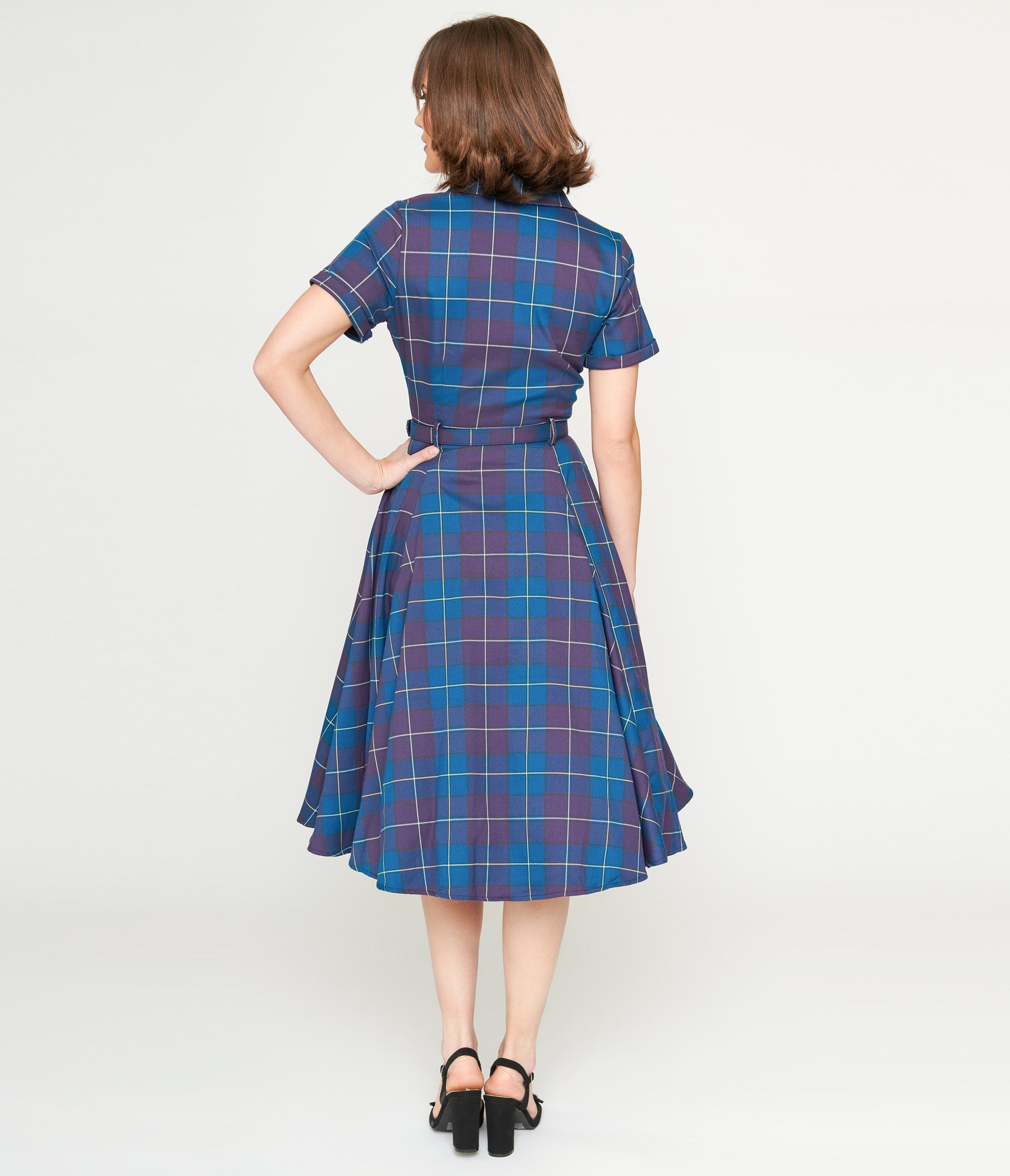  Collectif Teal & Purple Checkered Caterina Swing Dress