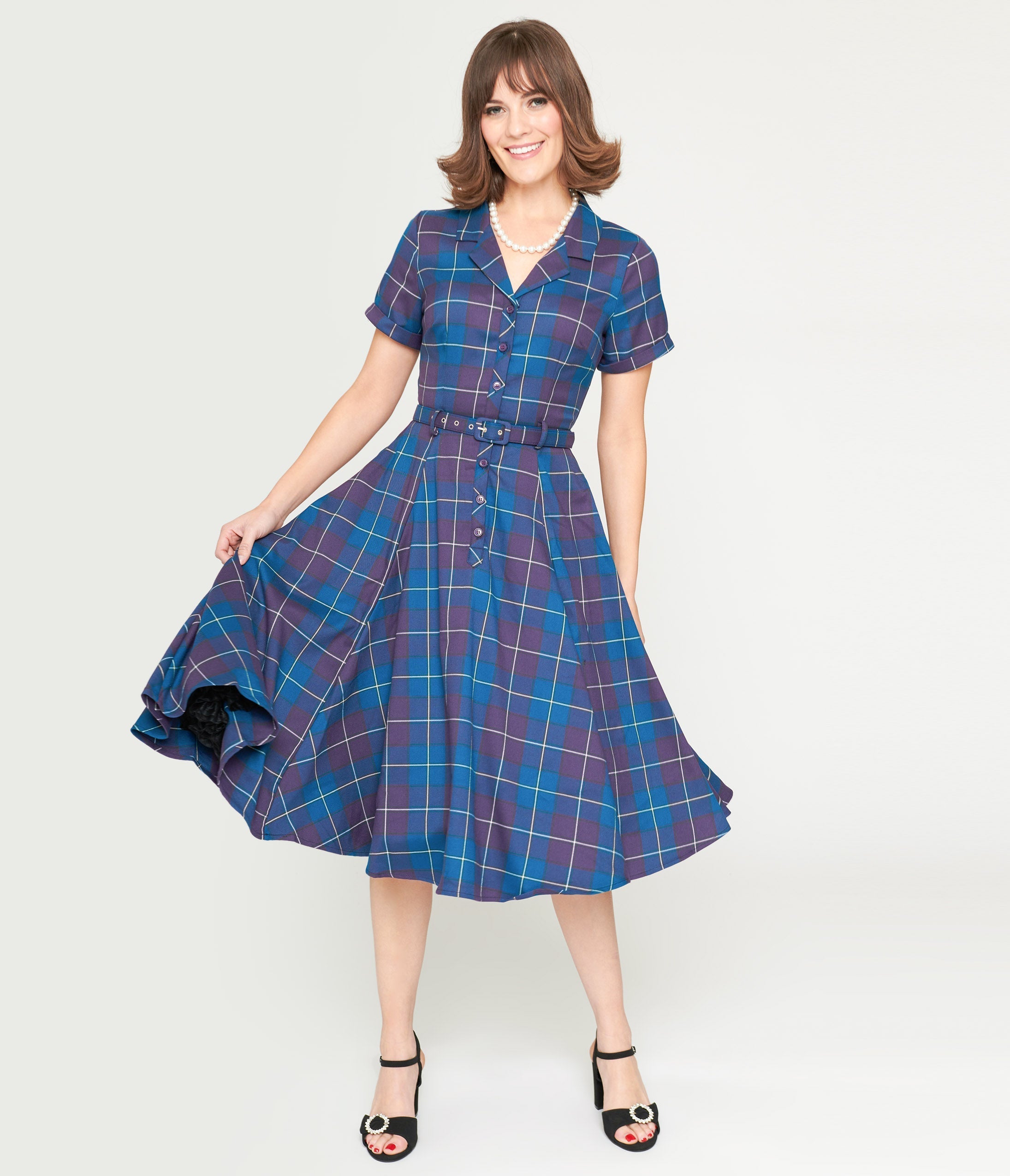  Collectif Teal & Purple Checkered Caterina Swing Dress