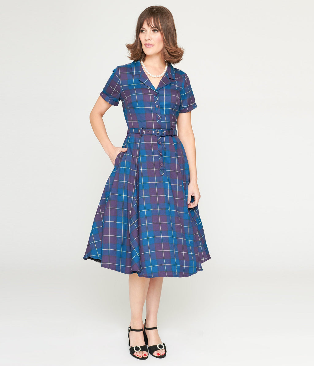  Collectif Teal & Purple Checkered Caterina Swing Dress