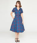  Collectif Teal & Purple Checkered Caterina Swing Dress