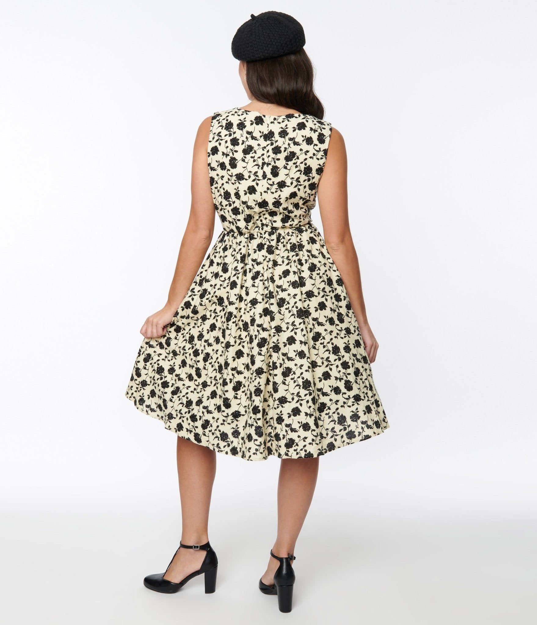  Cream & Black Floral Swing Dress