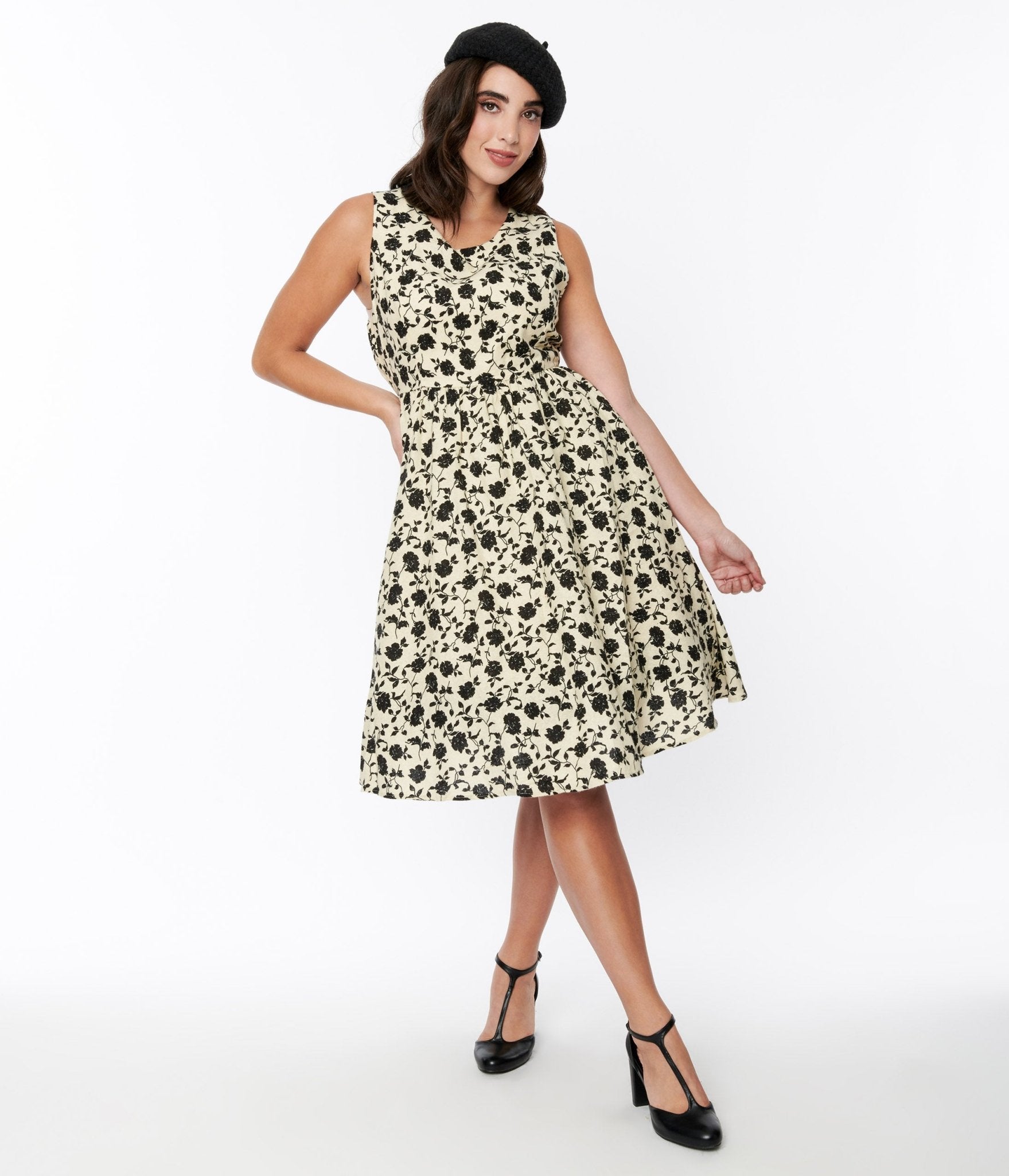  Cream & Black Floral Swing Dress