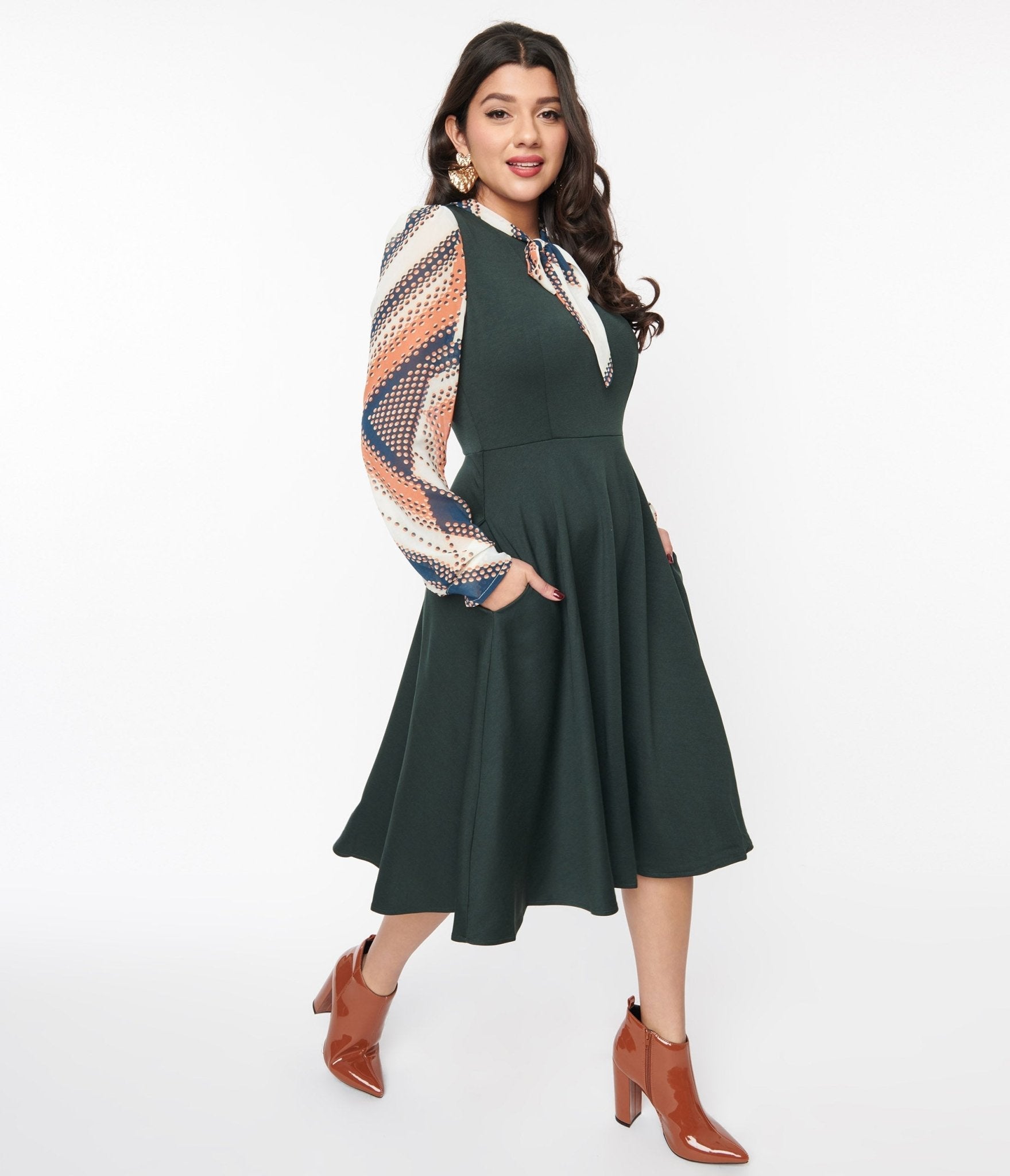  Deep Teal & Multicolor Geometric Swing Dress