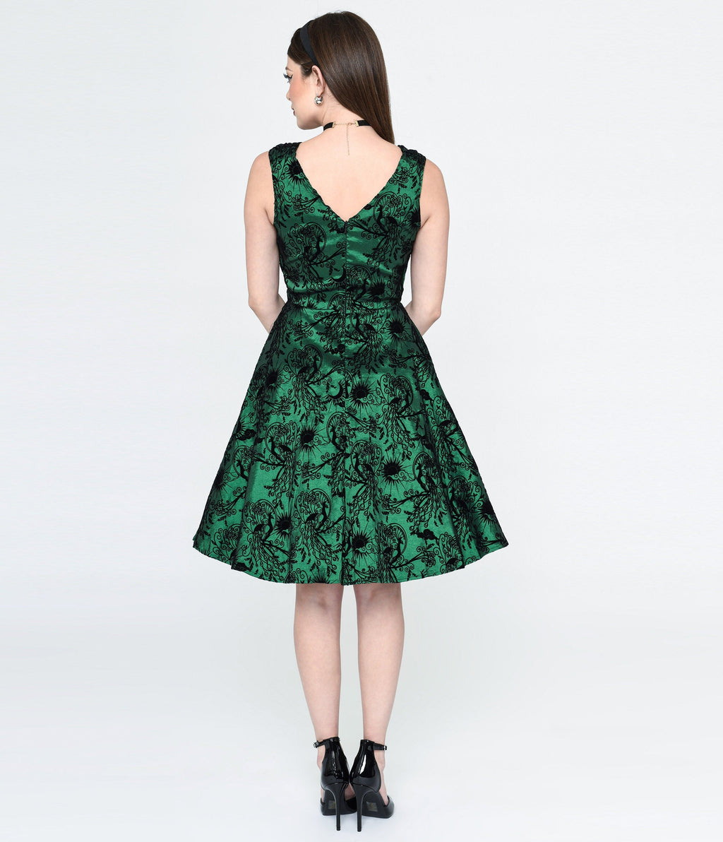  Emerald Green & Black Peacock Deco Print Eileen Flare Dress