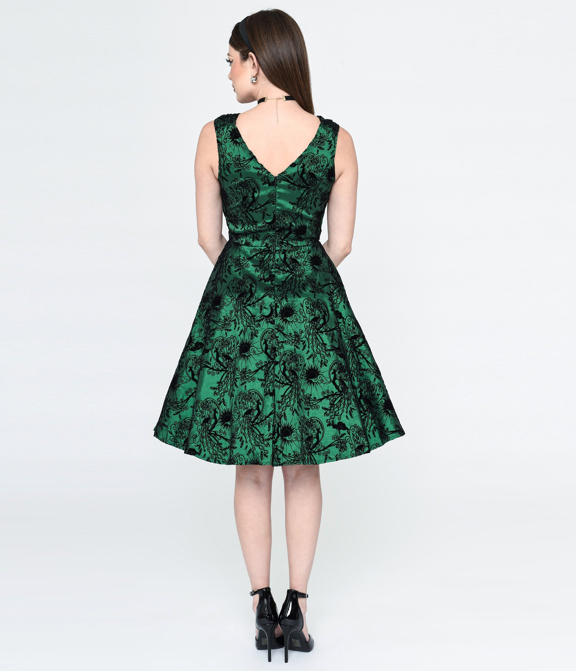  Emerald Green & Black Peacock Deco Print Eileen Flare Dress