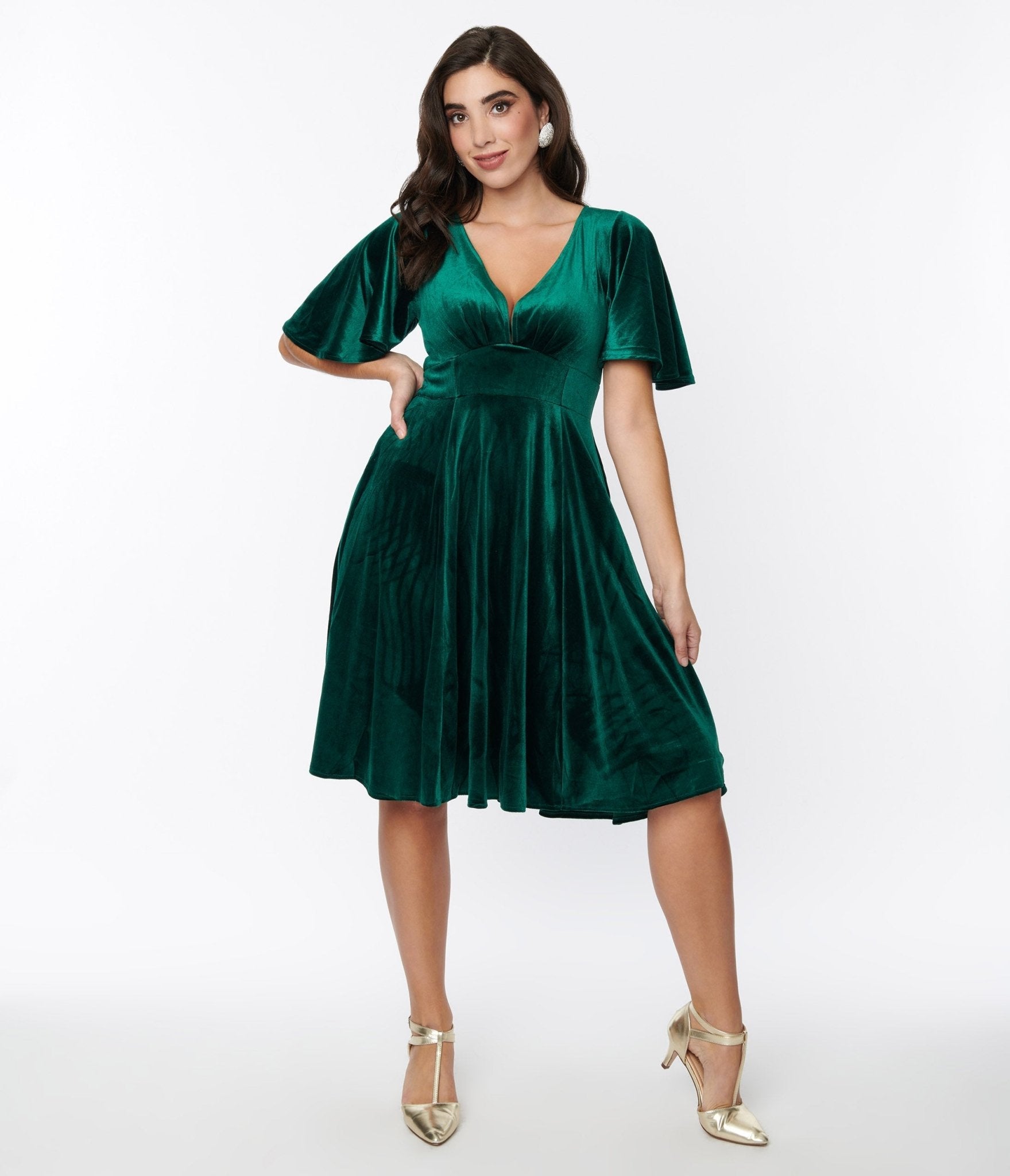  Emerald Green Velvet Flutter Sleeve Swing Dress