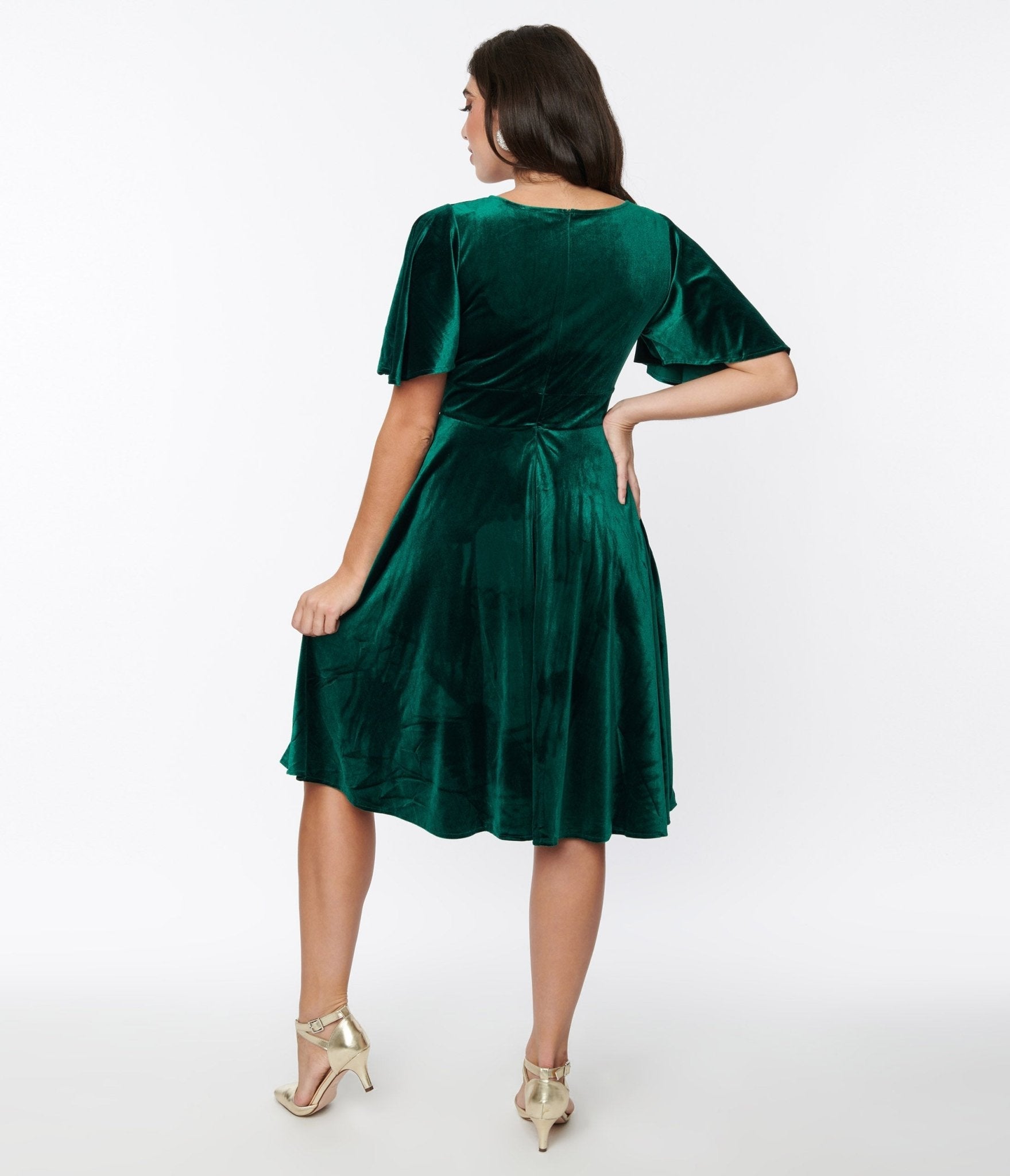  Emerald Green Velvet Flutter Sleeve Swing Dress