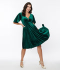  Emerald Green Velvet Flutter Sleeve Swing Dress
