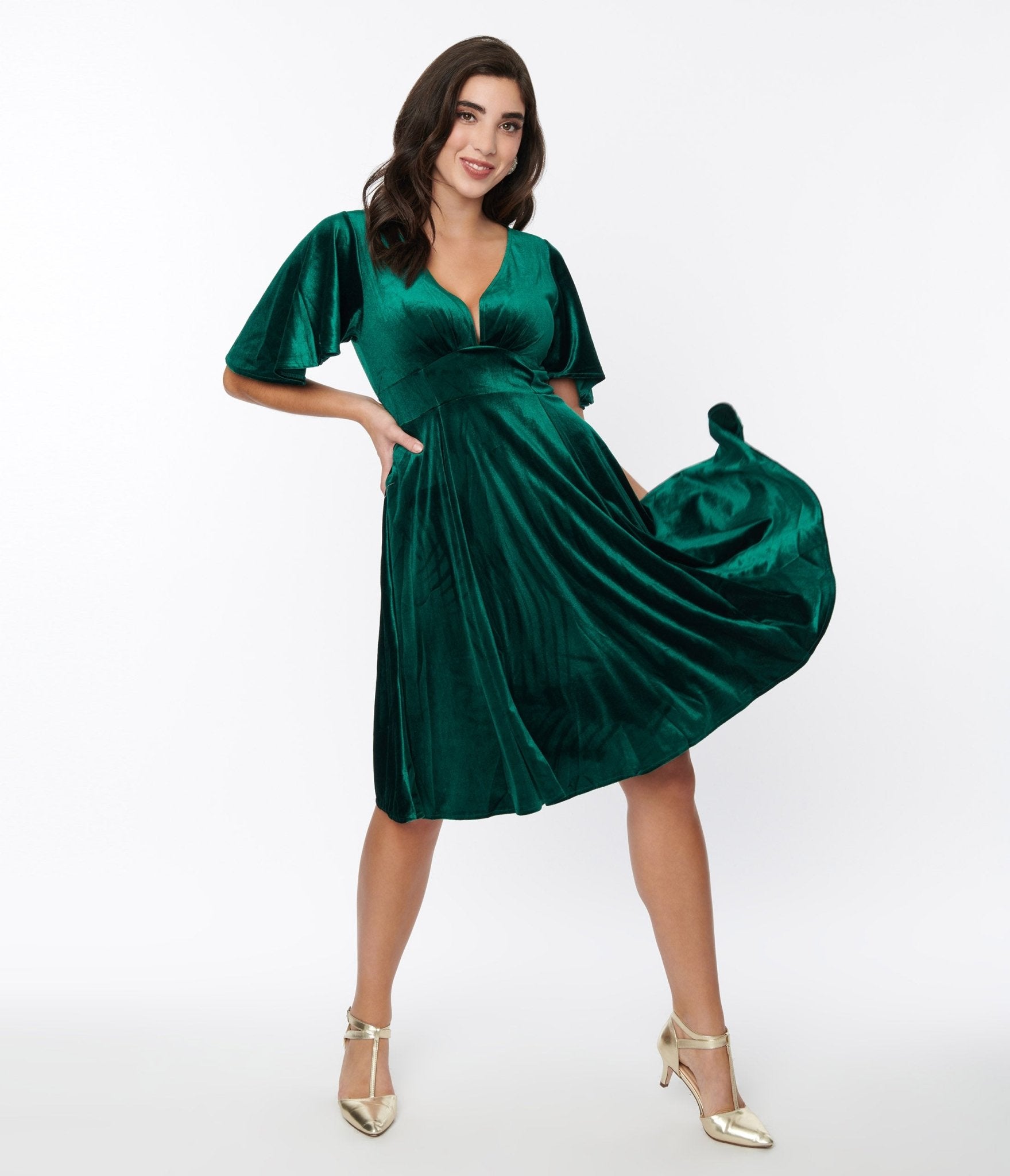  Emerald Green Velvet Flutter Sleeve Swing Dress