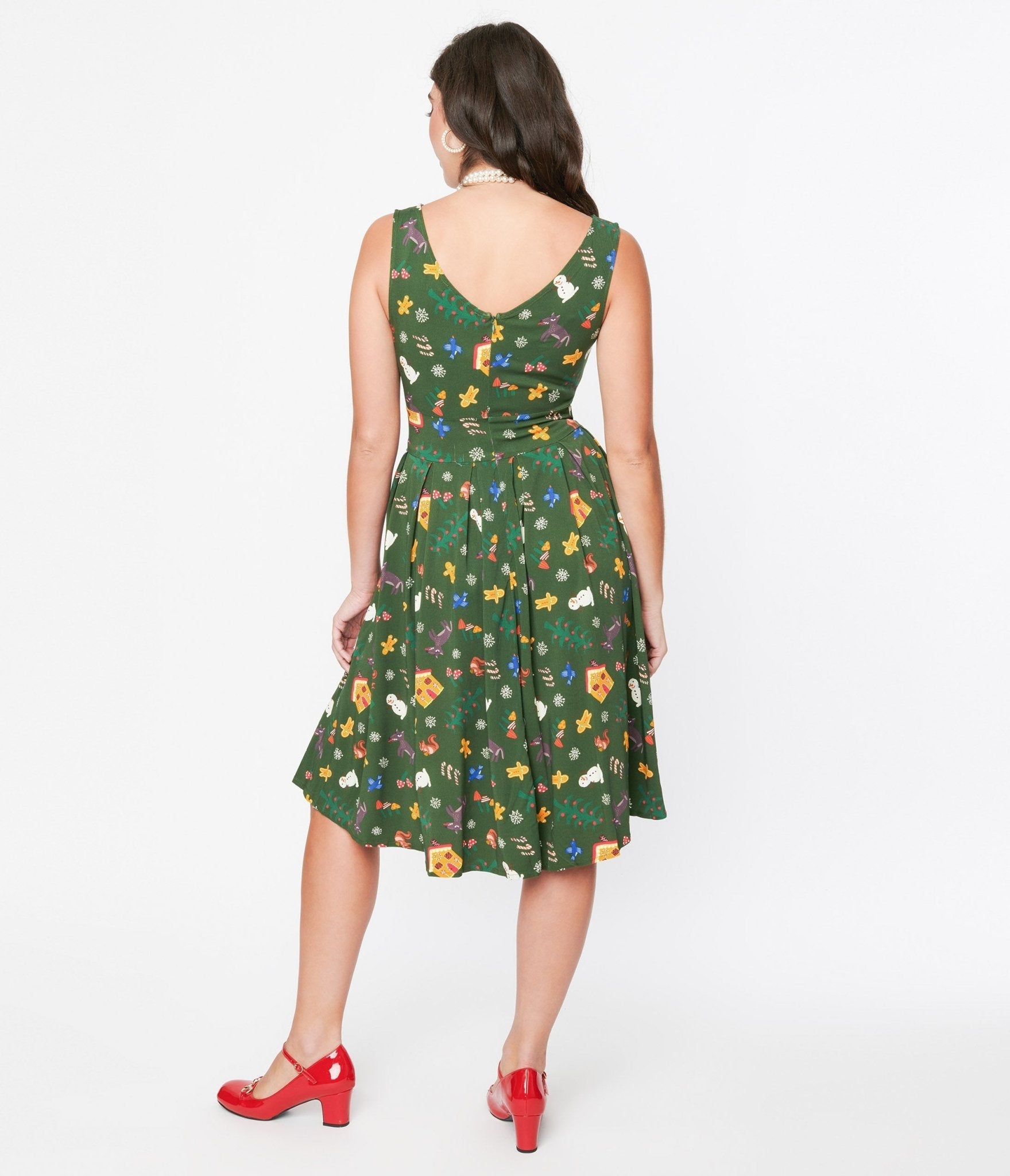  Forest Green Holiday Print Swing Dress