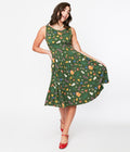  Forest Green Holiday Print Swing Dress