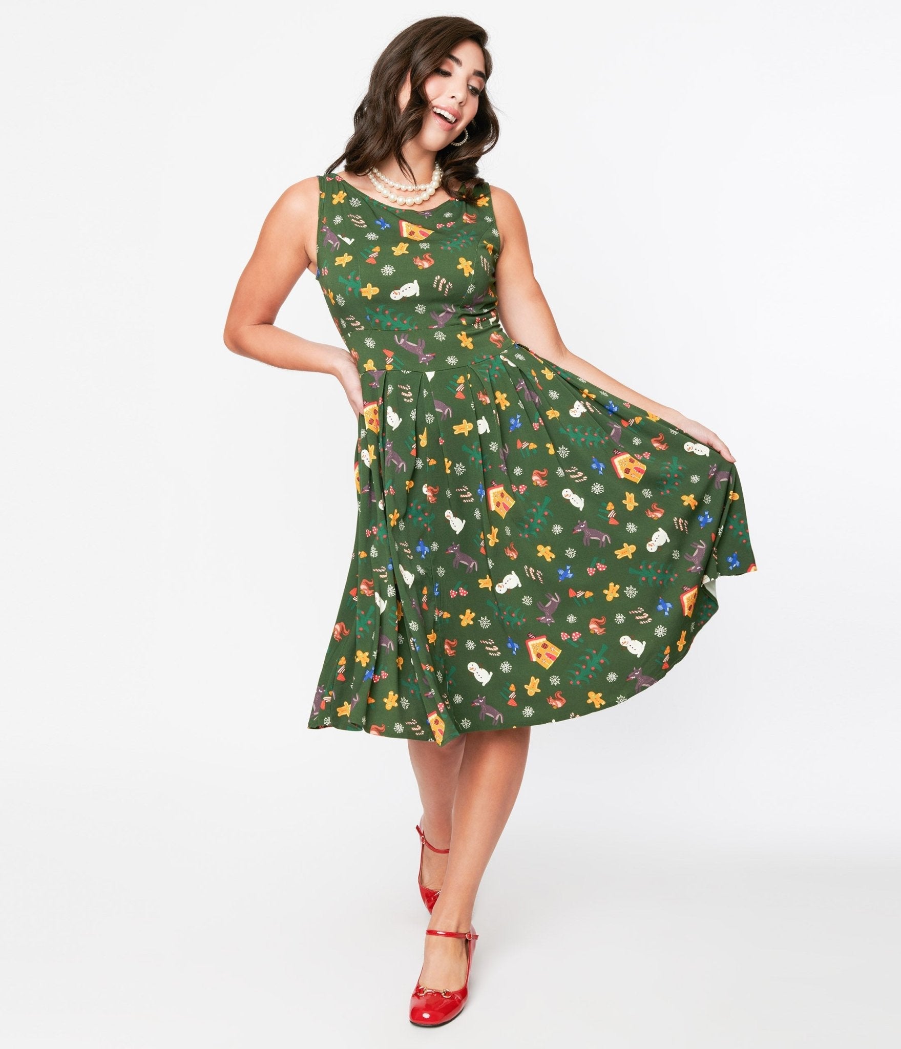  Forest Green Holiday Print Swing Dress