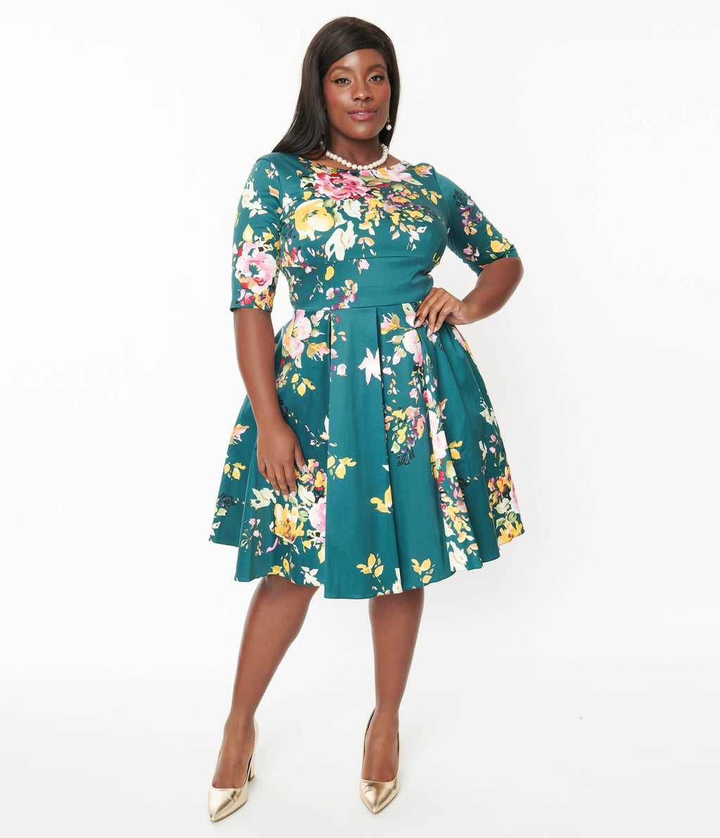  Forest Green & Pastel Floral Seville Swing Dress