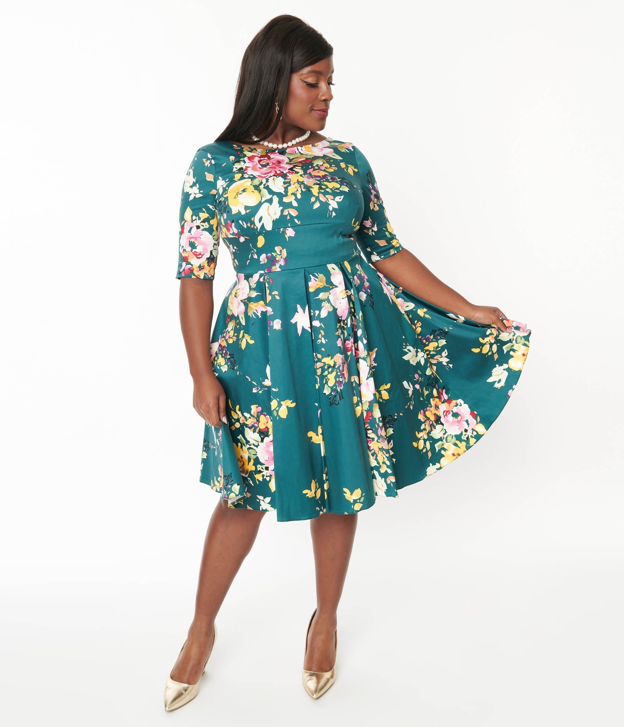  Forest Green & Pastel Floral Seville Swing Dress