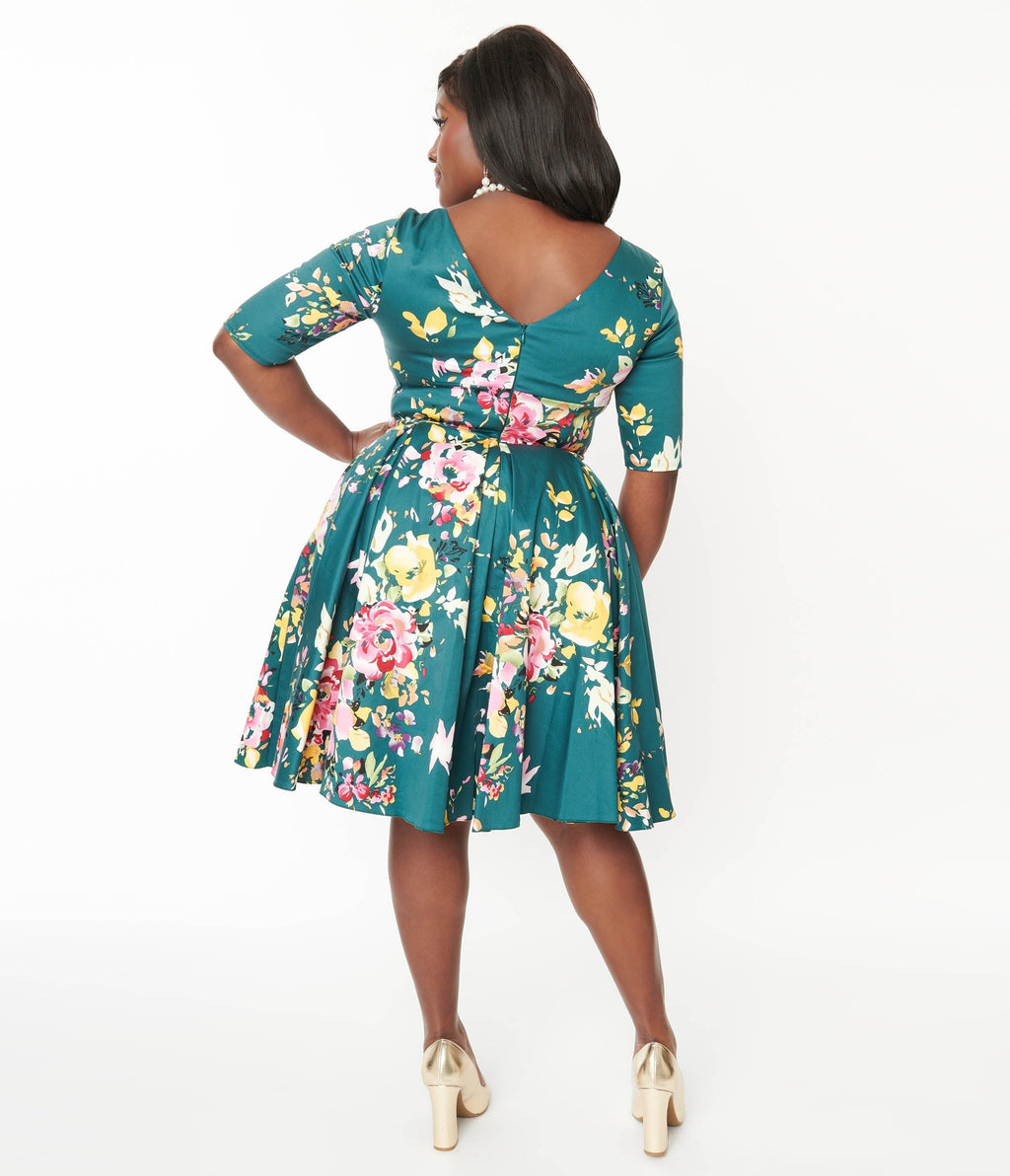  Forest Green & Pastel Floral Seville Swing Dress