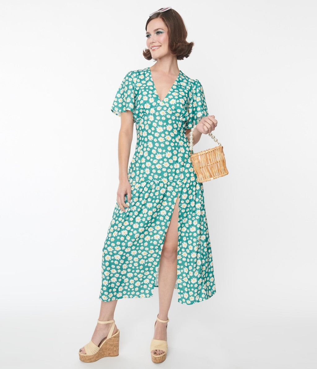  Green & White Daisy Midi Dress