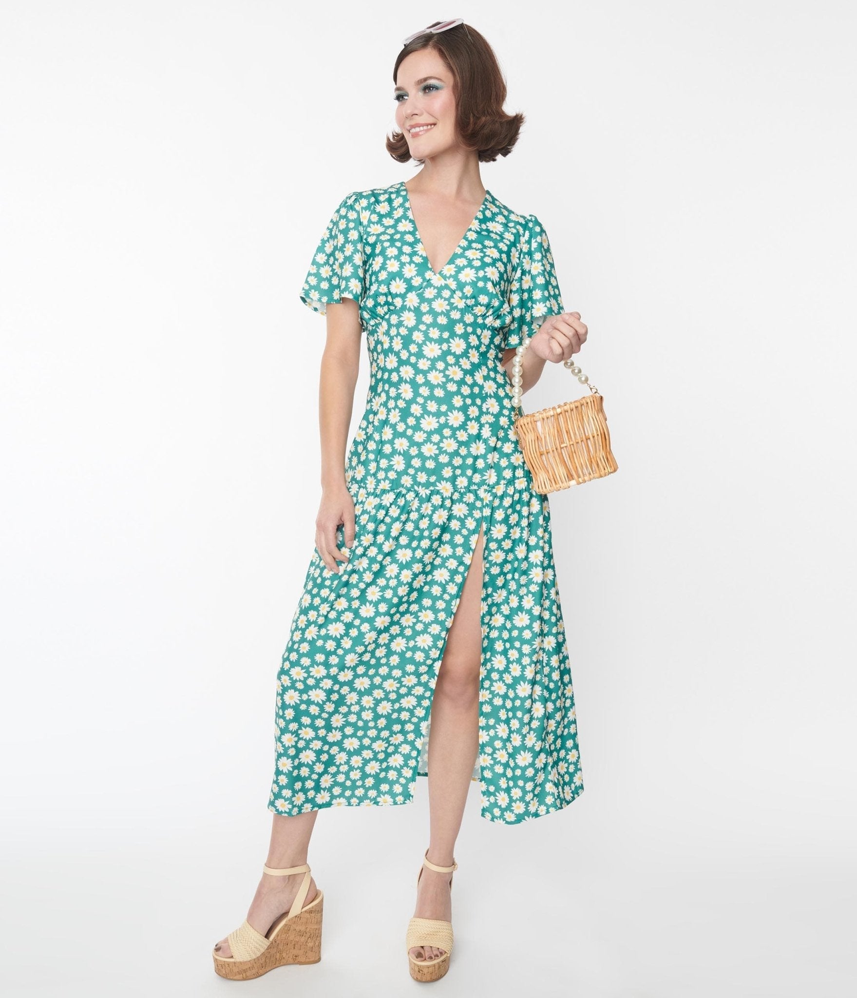  Green & White Daisy Midi Dress