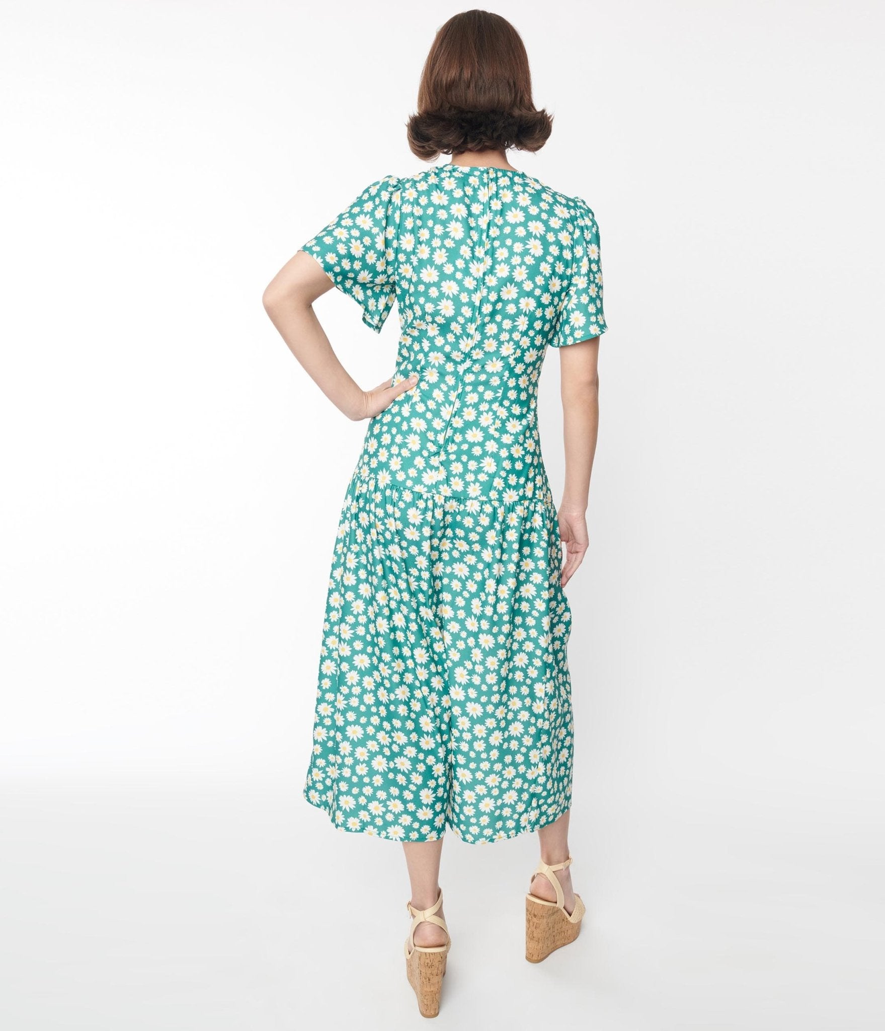  Green & White Daisy Midi Dress