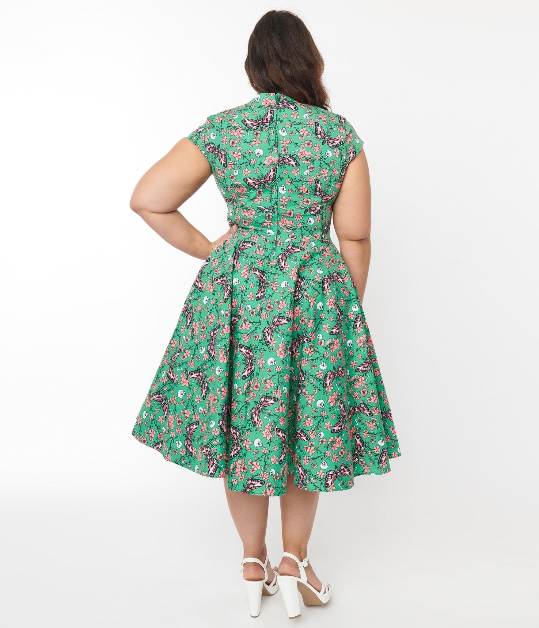  Hell Bunny Green Skeleton & Moths Floral Madilynn Midi Dress