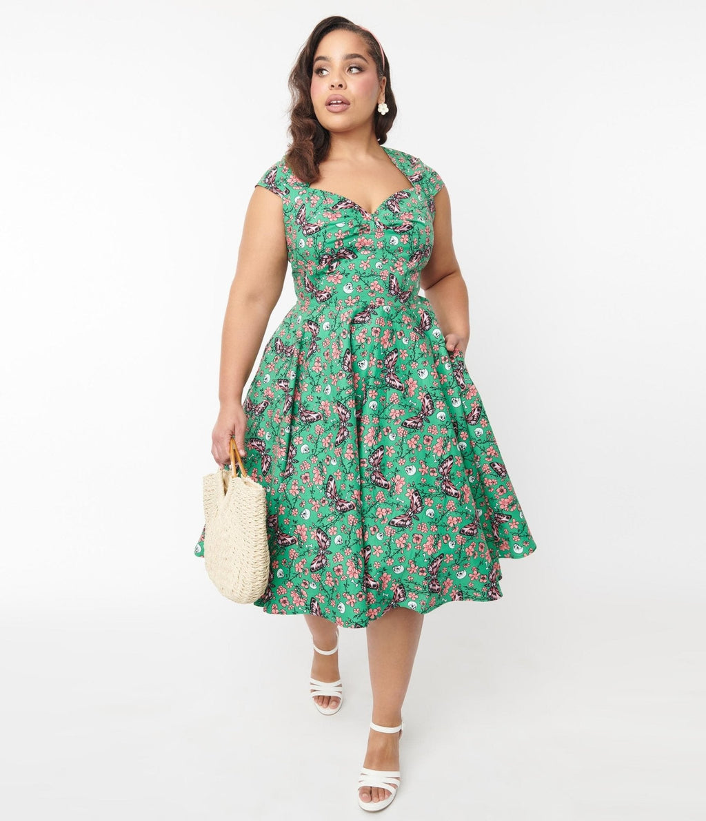  Hell Bunny Green Skeleton & Moths Floral Madilynn Midi Dress