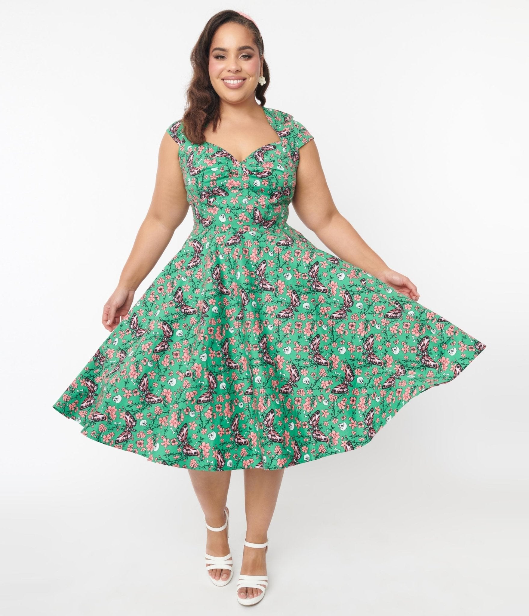  Hell Bunny Green Skeleton & Moths Floral Madilynn Midi Dress