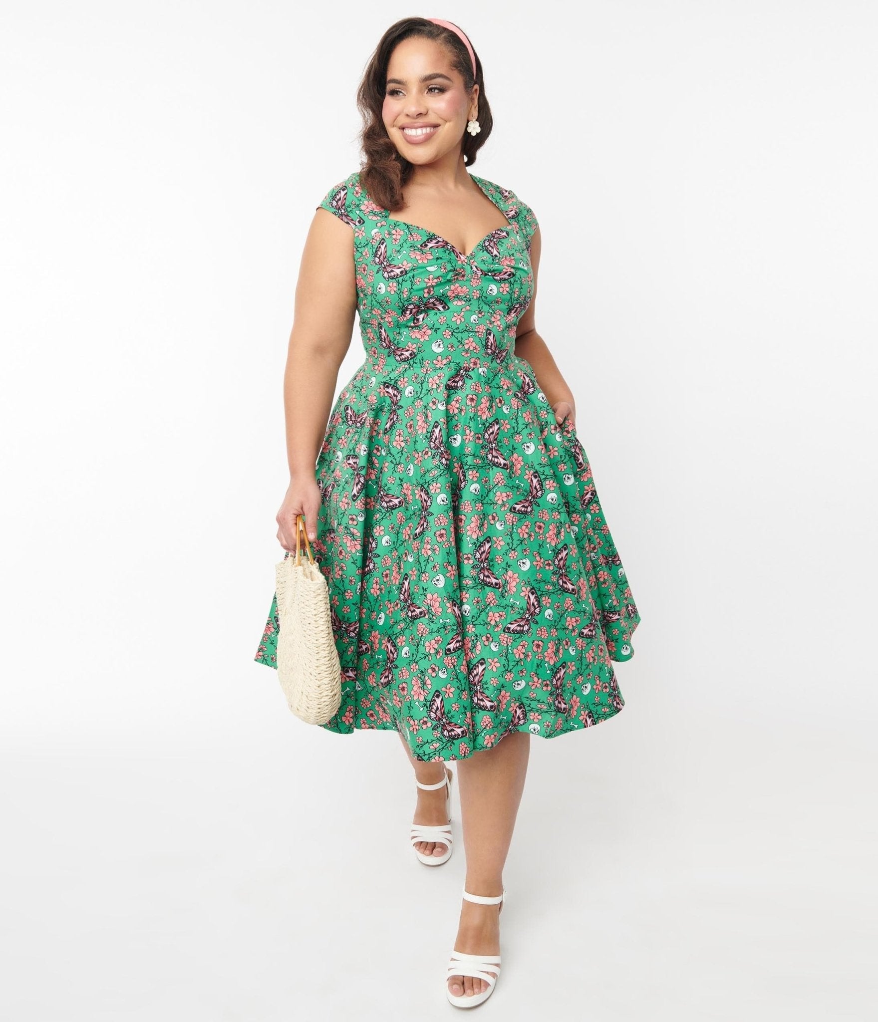  Hell Bunny Green Skeleton & Moths Floral Madilynn Midi Dress
