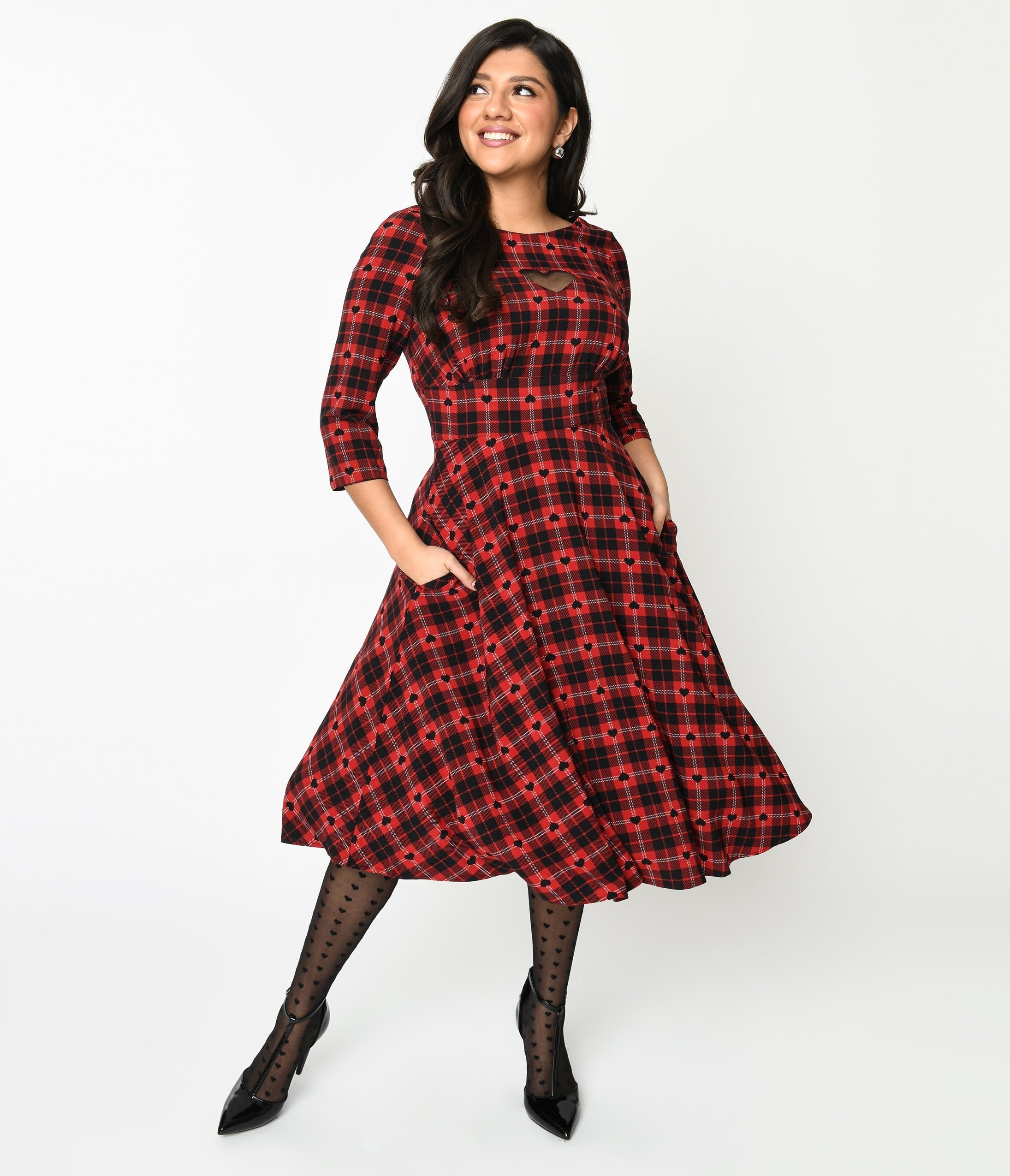  Hell Bunny Red & Black Heart Plaid Date Night Swing Dress