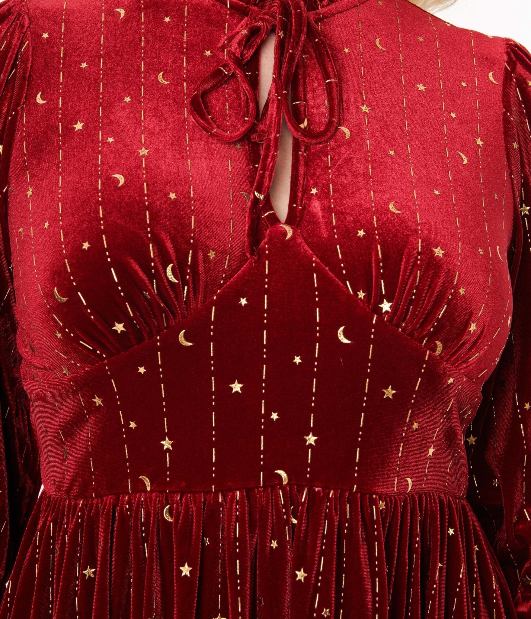  Hell Bunny Red Velvet & Gold Star Midi Dress
