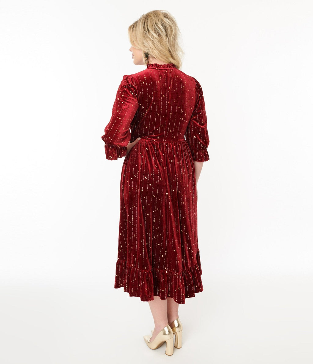  Hell Bunny Red Velvet & Gold Star Midi Dress