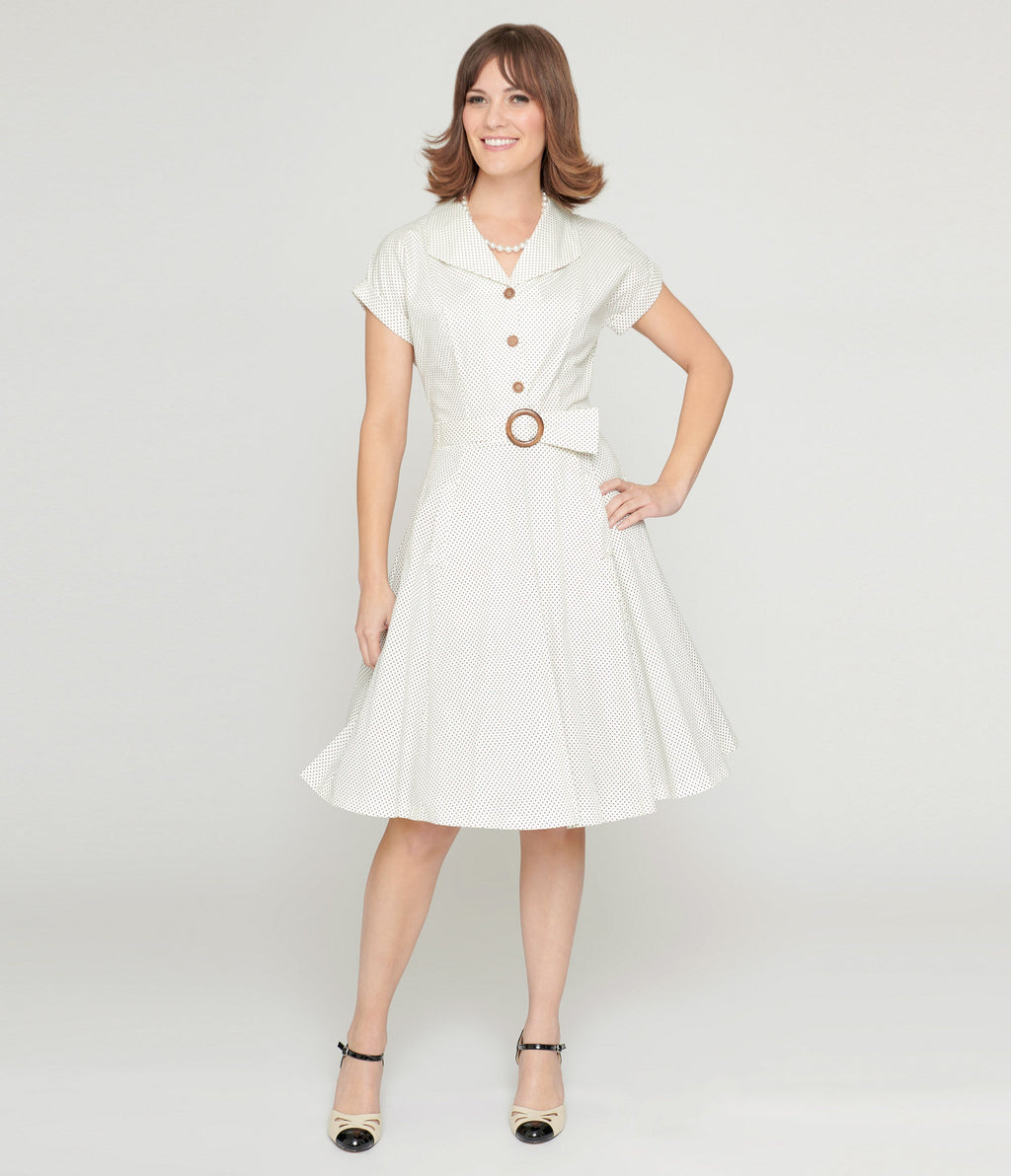  Ivory & Black Polka Dot Flare Dress