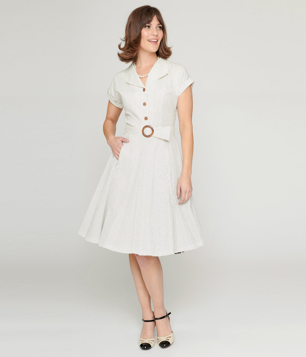  Ivory & Black Polka Dot Flare Dress