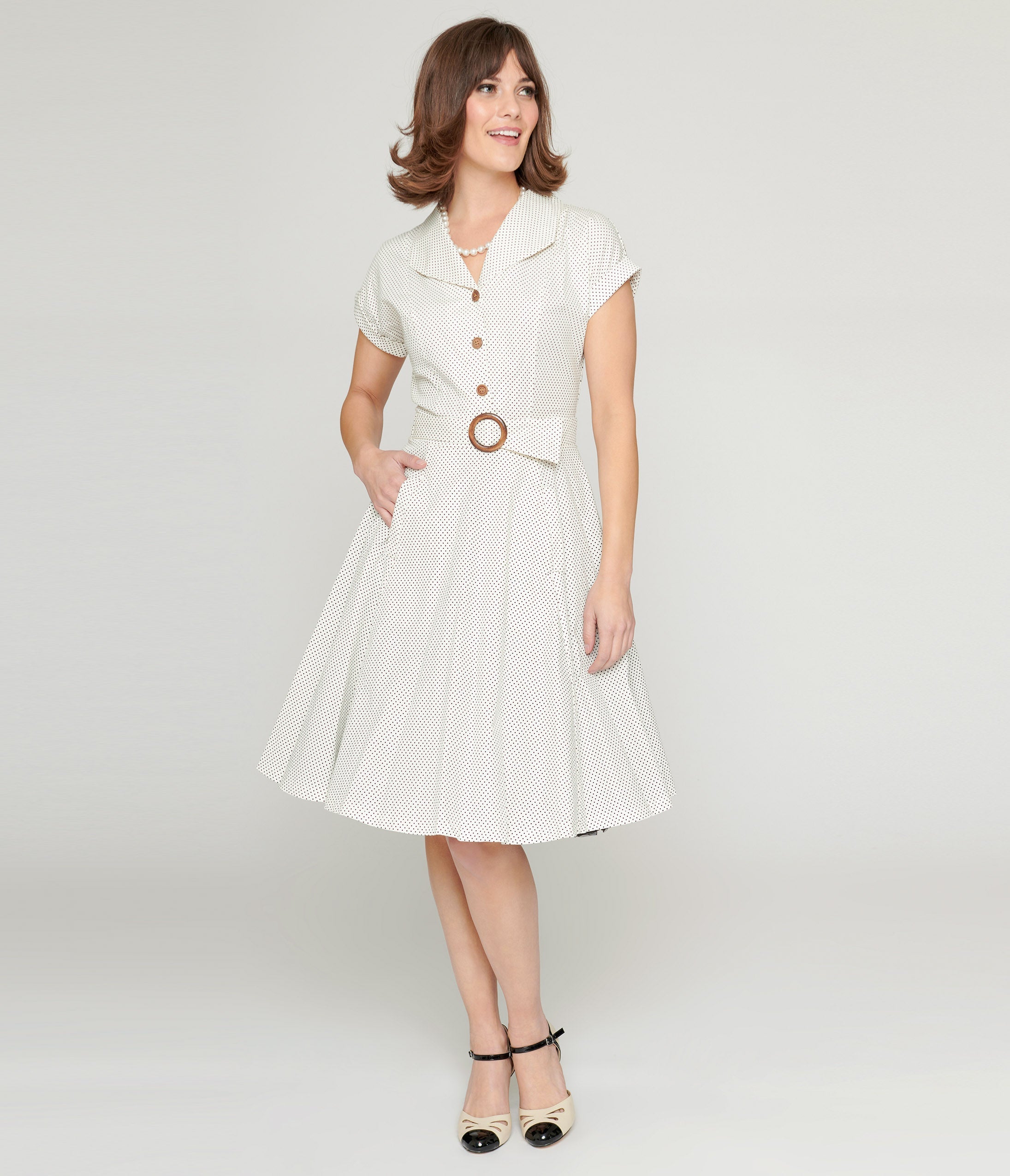  Ivory & Black Polka Dot Flare Dress
