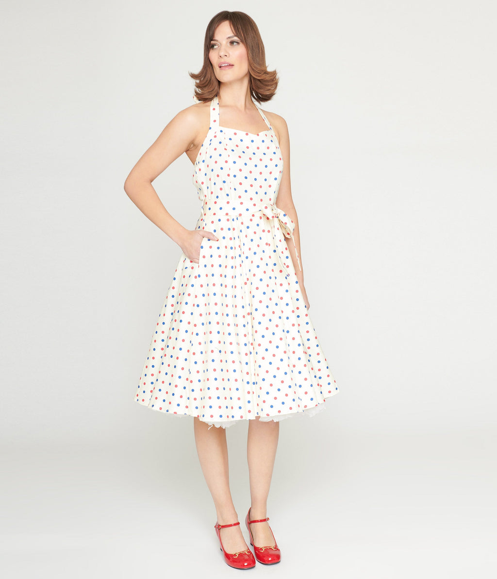  Ivory & Candy Dot Halter Swing Dress