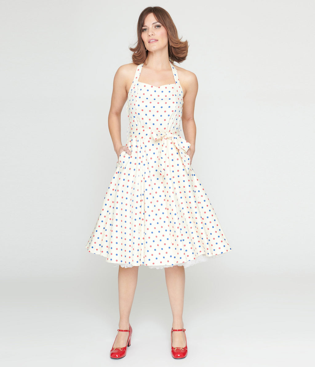  Ivory & Candy Dot Halter Swing Dress
