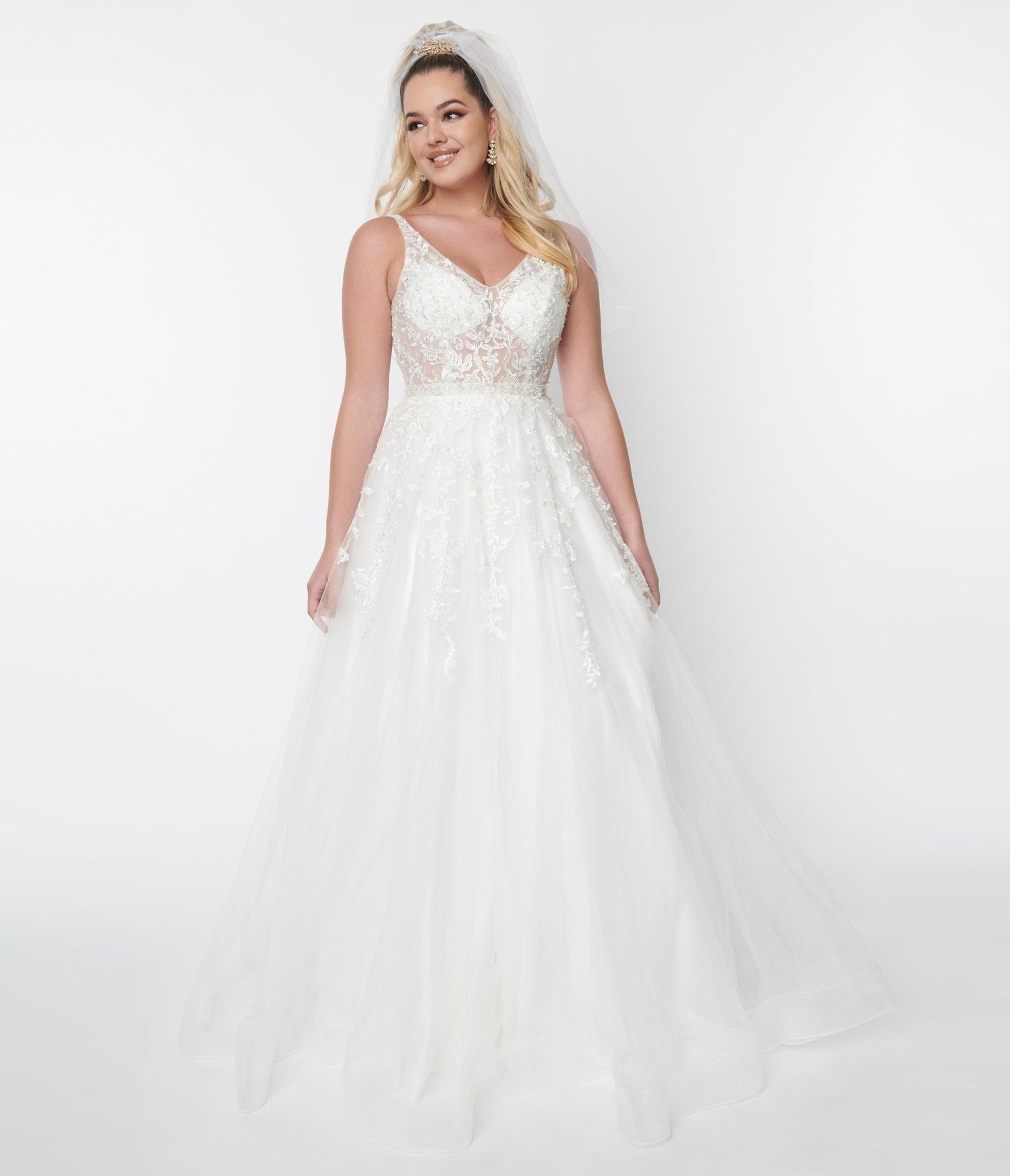  Ivory Floral Lace & Tulle Wedding Ball Gown